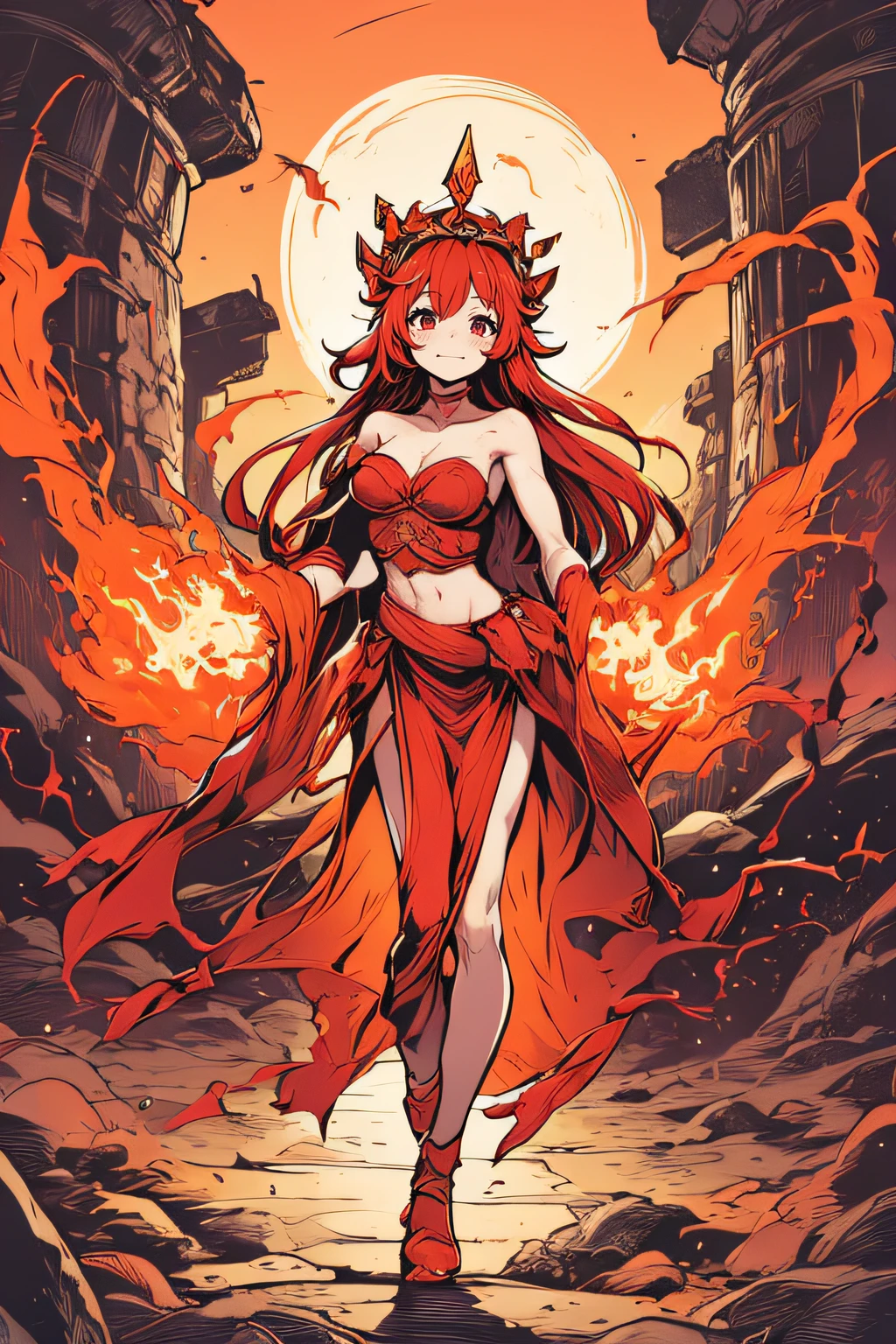 Cute goddess with naked crown、teats、bad face、Red costume、Orange Flame