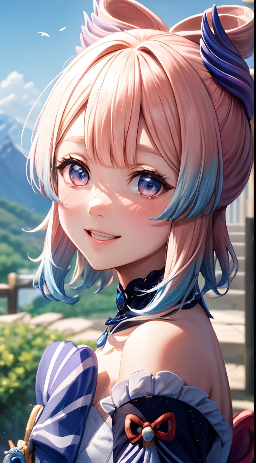 kokomidef, upper body, smile, blush, outdoors, day, simple background, blue sky, short hair, sky, temple, looking at viewer, stairs, mountain, moody lighting, facing viewer,