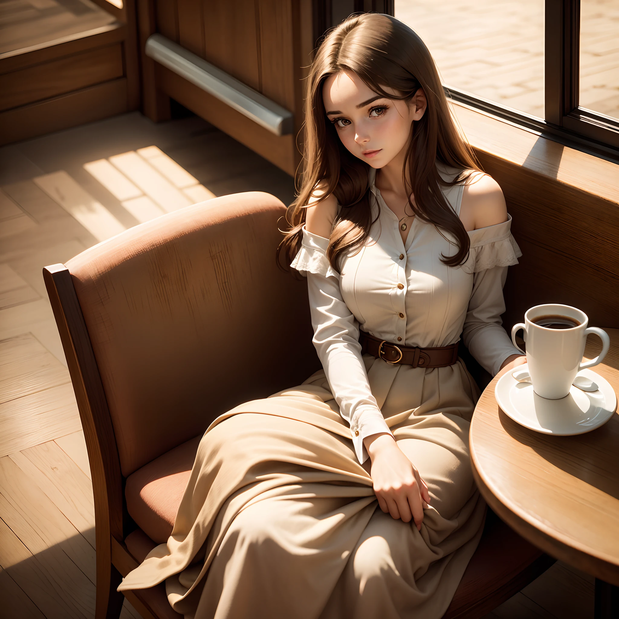 young woman of about 25 years old with long brown hair that fell over her shoulders in elegant 20th century clothes, sitting at a wooden table in a university cafeteria drinking coffee,