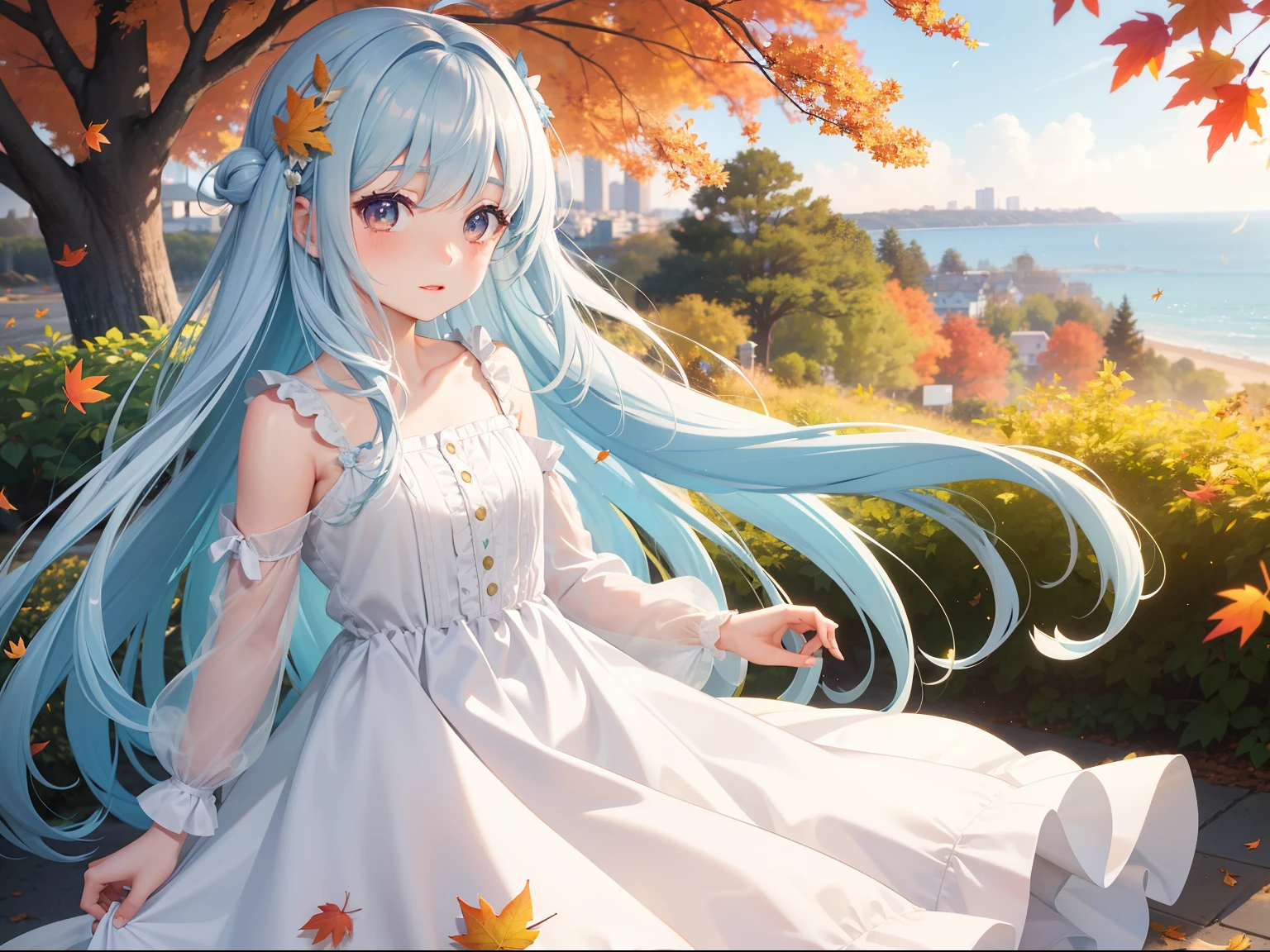 Pretty girl You can see the sea in the distance A park on a hill with autumn leaves Light blue long hair Black eyes Yellow and white dress Very Beautiful Little Girl Photo of falling leaves fluttering Face Highlights