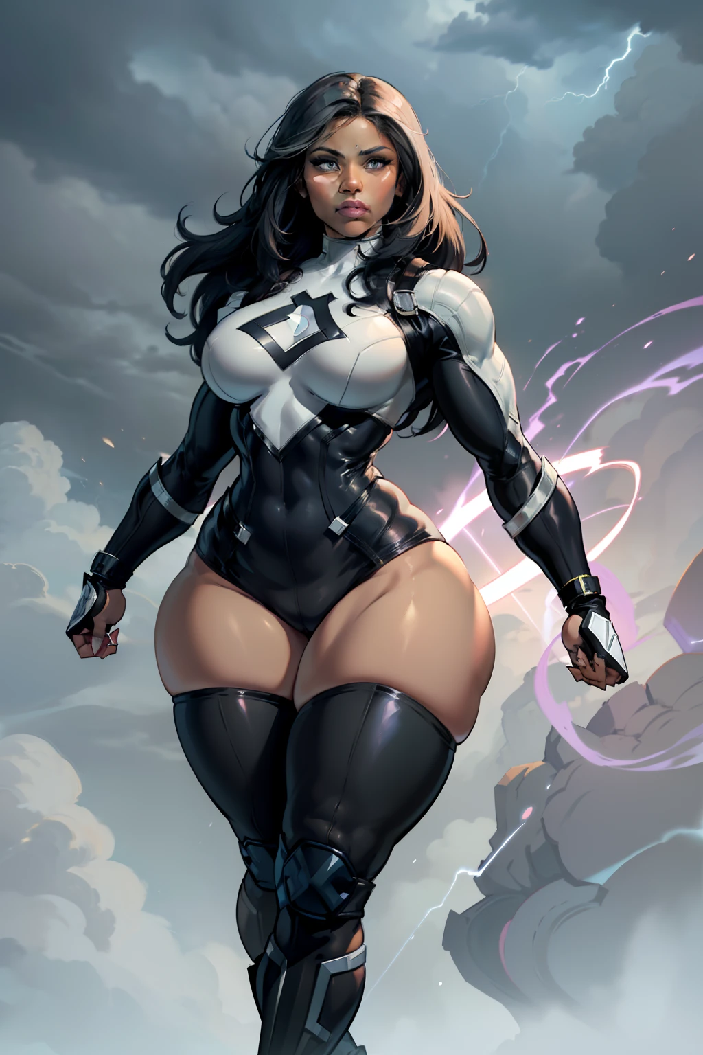 (masterpiece), (best quality), ((Nicki Minaj)), curvy, makeup, (brown skinned female), (thick thighs), ((small breasts:1:1)), ((wide waist)), hair with bangs, ((storm from x-men outfit)), ((grey background)), contoured