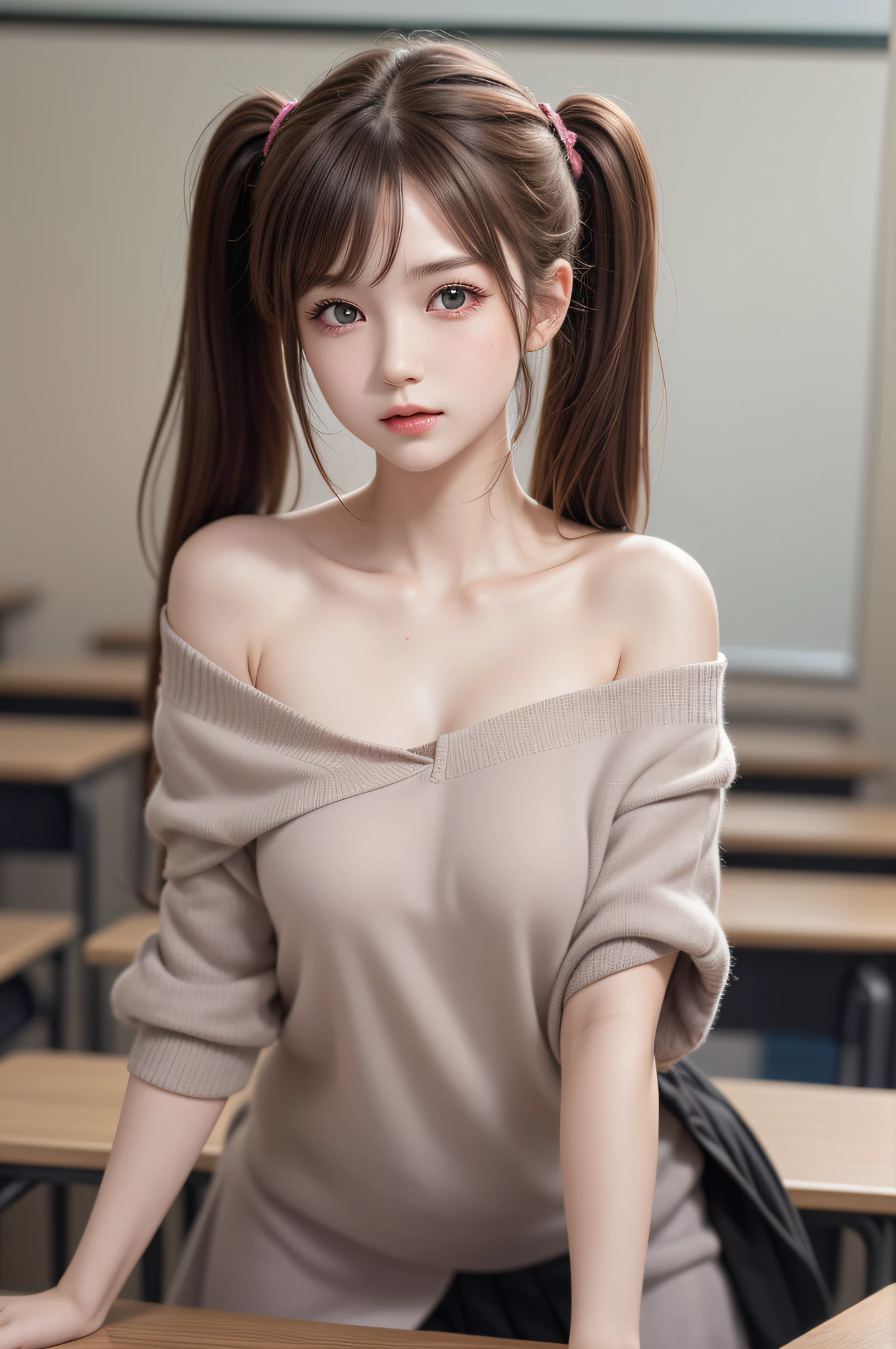 ((1girl in)), ((Best Quality)), (Ultra-detailed), (extremely detailed CG unified 8k wallpaper), Highly detailed, High-definition raw color photos, Professional Photography, (Twintails), Brown hair, Amazing face and eyes, Pink eyes, (amazingly beautiful girl), School, classroom, off shoulder,