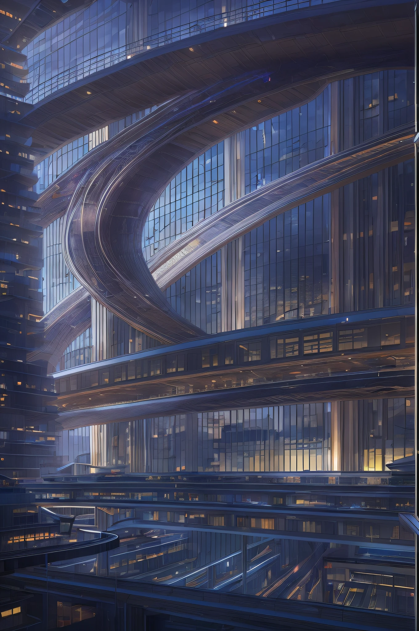 Cidade futuristica, fanciful, 24th century,In the metropolis of the future,Under the brilliant night sky stands a breathtaking sci-fi building。This huge building hangs high above the ground like a spaceship,It features streamlined curves and shimmering frosted glass curtain walls。Like a star in the universe,It exudes a soft glow,lighting up the environment around him。