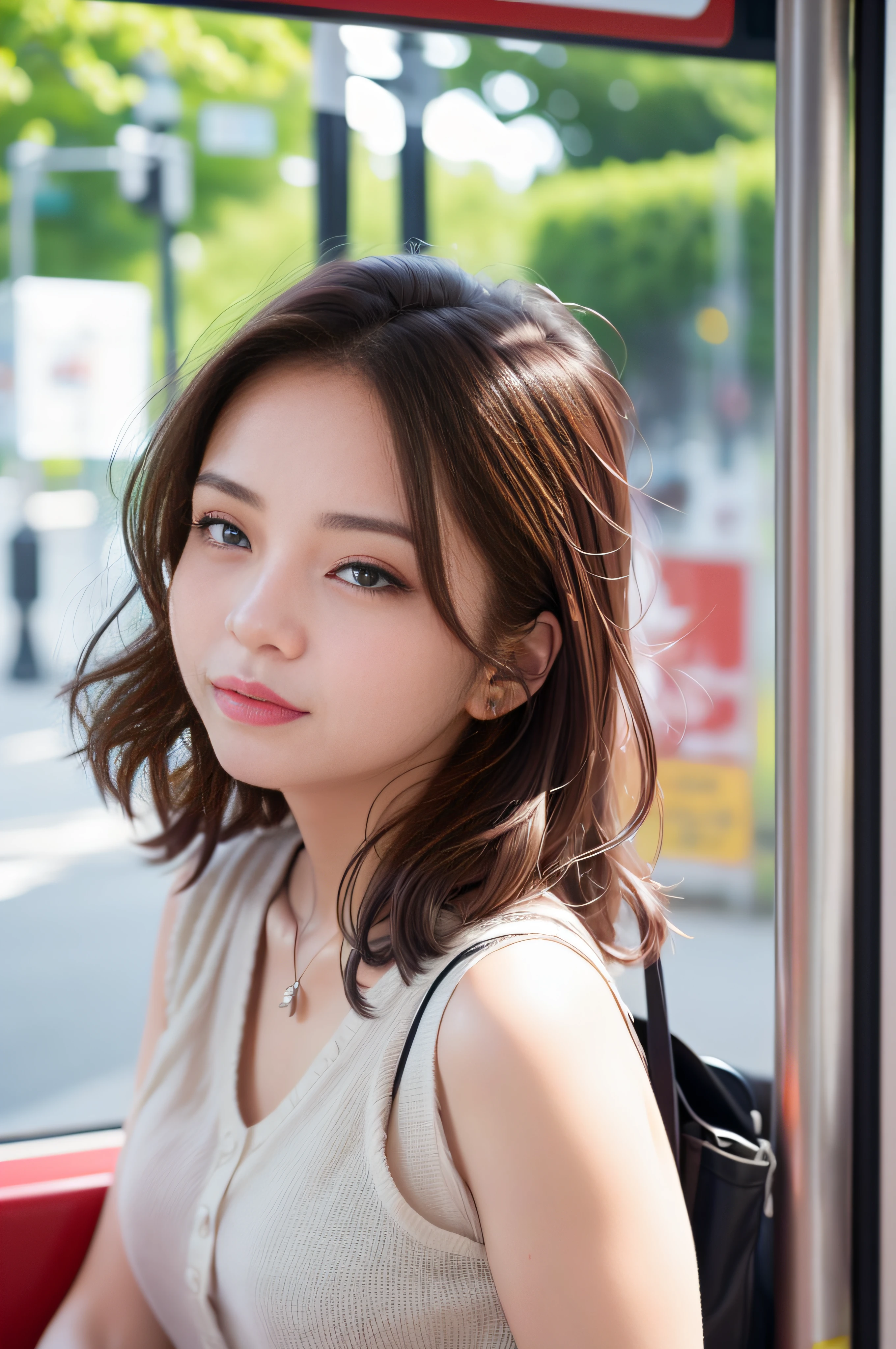 Sightseeing Bus、arms behind back、a picture、realisitic、OL、Beautuful Women、bus guide、A detailed face、Detailed lips、A detailed eye、luslous skin、One Person、red lipsticks