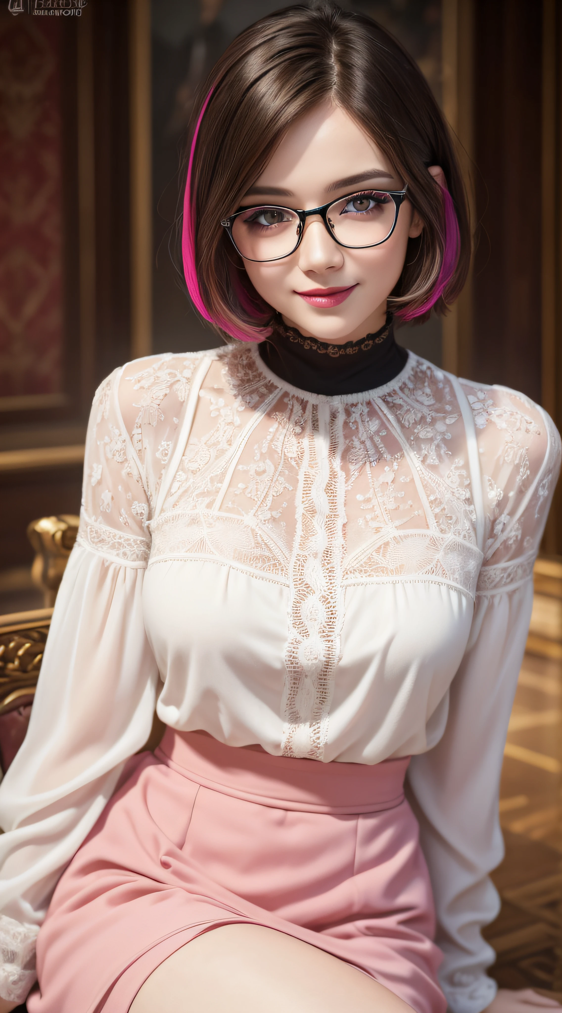 Unbeatable masterpiece, Ultra photo realsisim, Perfect artwork, Intricate details, Best quality, Strong light, High contrast, wearing mini skirt, shirt high neck, Full Body(Masterpiece), (Best quality) , (extremely detailed wallpaper CG unity 8k) , (best character detail:1.36), marshes, (delicated lines:1.24), (fantasy), (warm light:1.2), sitting, elegent, elegent pose, elegent sitting pose, Color splattering , Colorful, colorful background, detailed eyes, love eyes, pink lipstick, detailed eyeshadows, hazel eyes, royal background, straight hair, chin length bob, wearing glasses, smiling, looking at viewer, 1girl, matured girl, (short hair:1.2), high high quality