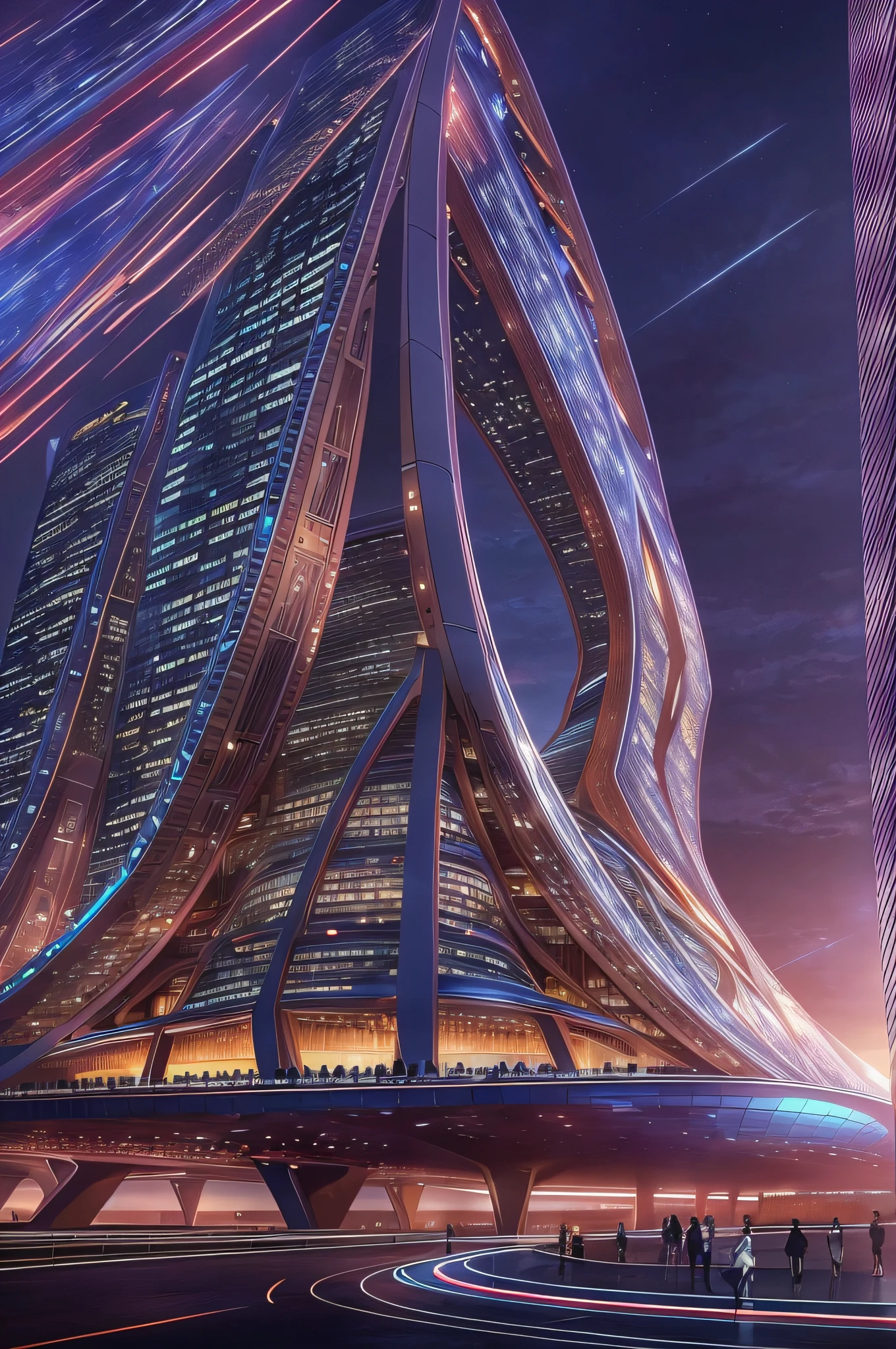 Cidade futuristica, fanciful, 24th century,In the metropolis of the future,Under the brilliant night sky stands a breathtaking sci-fi building。This huge building hangs high above the ground like a spaceship,It features streamlined curves and shimmering frosted glass curtain walls。Like a star in the universe,It exudes a soft glow,lighting up the environment around him。