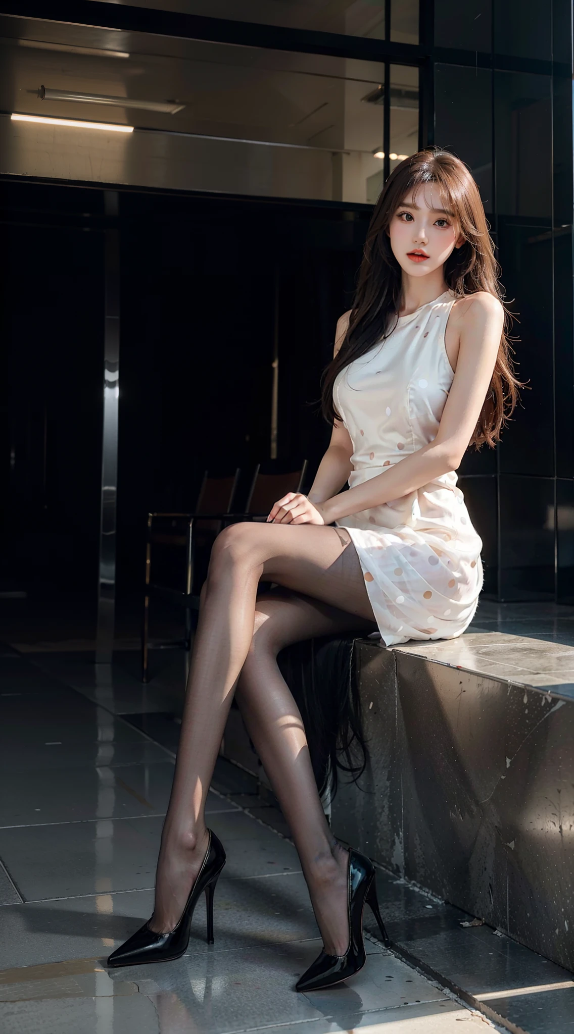 Heavy makeup，Stiletto pointed toe heels，Transparent colorless flesh silk pantyhose，Long legs，8K，in crowd，By bangs，Single ball head，Polka dot dress