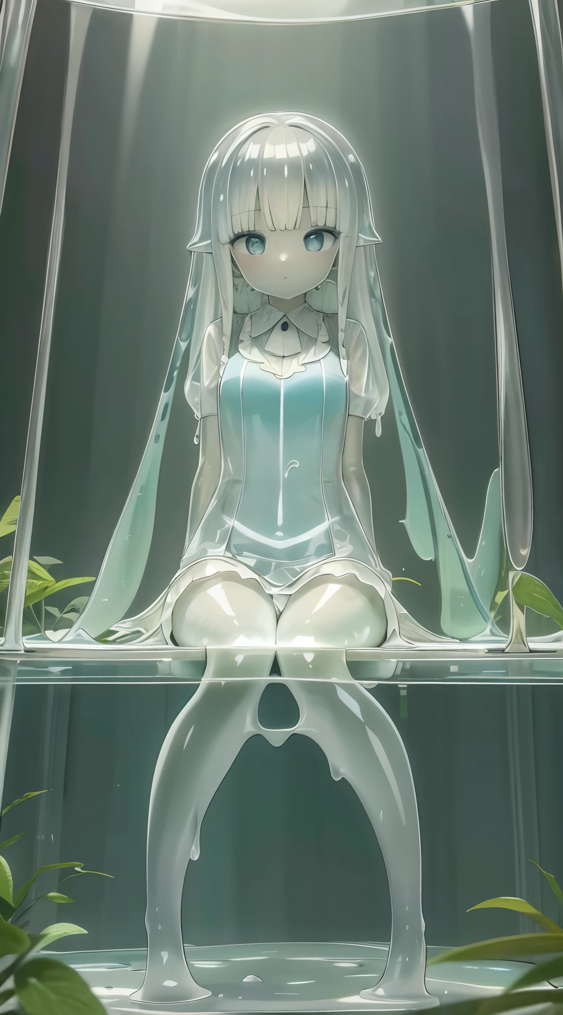 (masterpiece,best quality,ultra-detailed,best illustration:1.3), 1girl, (slime girl:1.3), ( transparent:1.3), (see-through:1.1),sitting, white highhighs, (refraction,reflection:1.1) , transparent face,transparent body,transparent skin,sunshine day