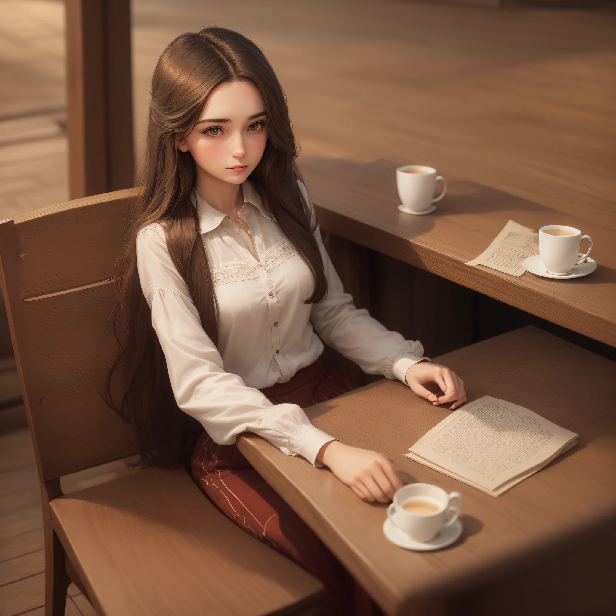 young woman of about 25 years old with long brown hair that fell over her shoulders in elegant 20th century clothes, sitting at a wooden table in a university cafeteria drinking coffee,