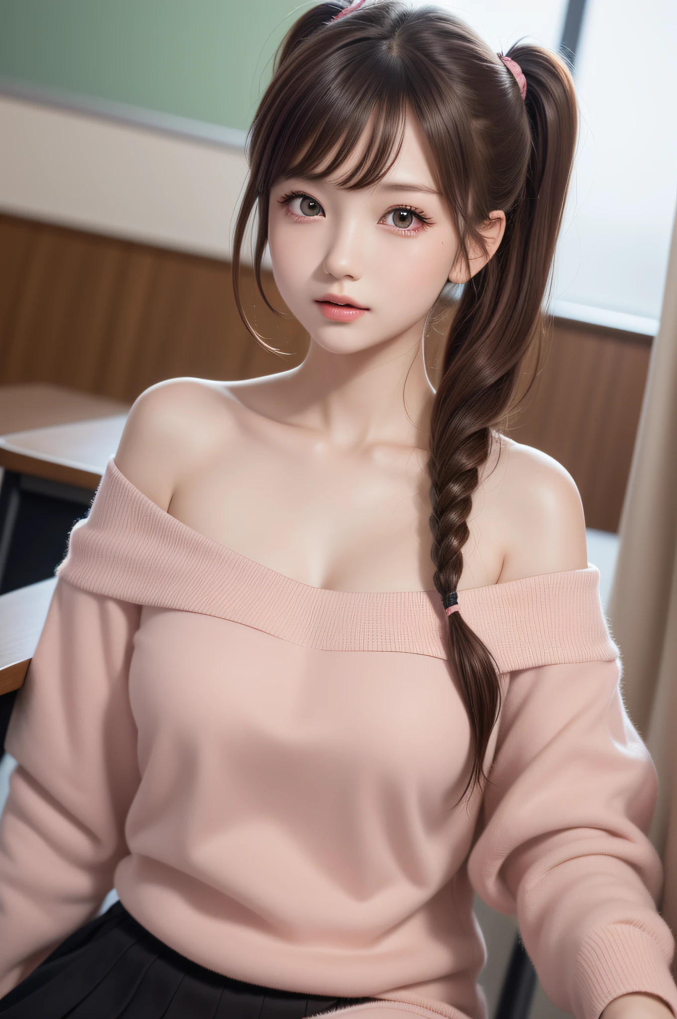 ((1girl in)), ((Best Quality)), (Ultra-detailed), (extremely detailed CG unified 8k wallpaper), Highly detailed, High-definition raw color photos, Professional Photography, (Twintails), Brown hair, Amazing face and eyes, Pink eyes, (amazingly beautiful girl), School, classroom, off shoulder,