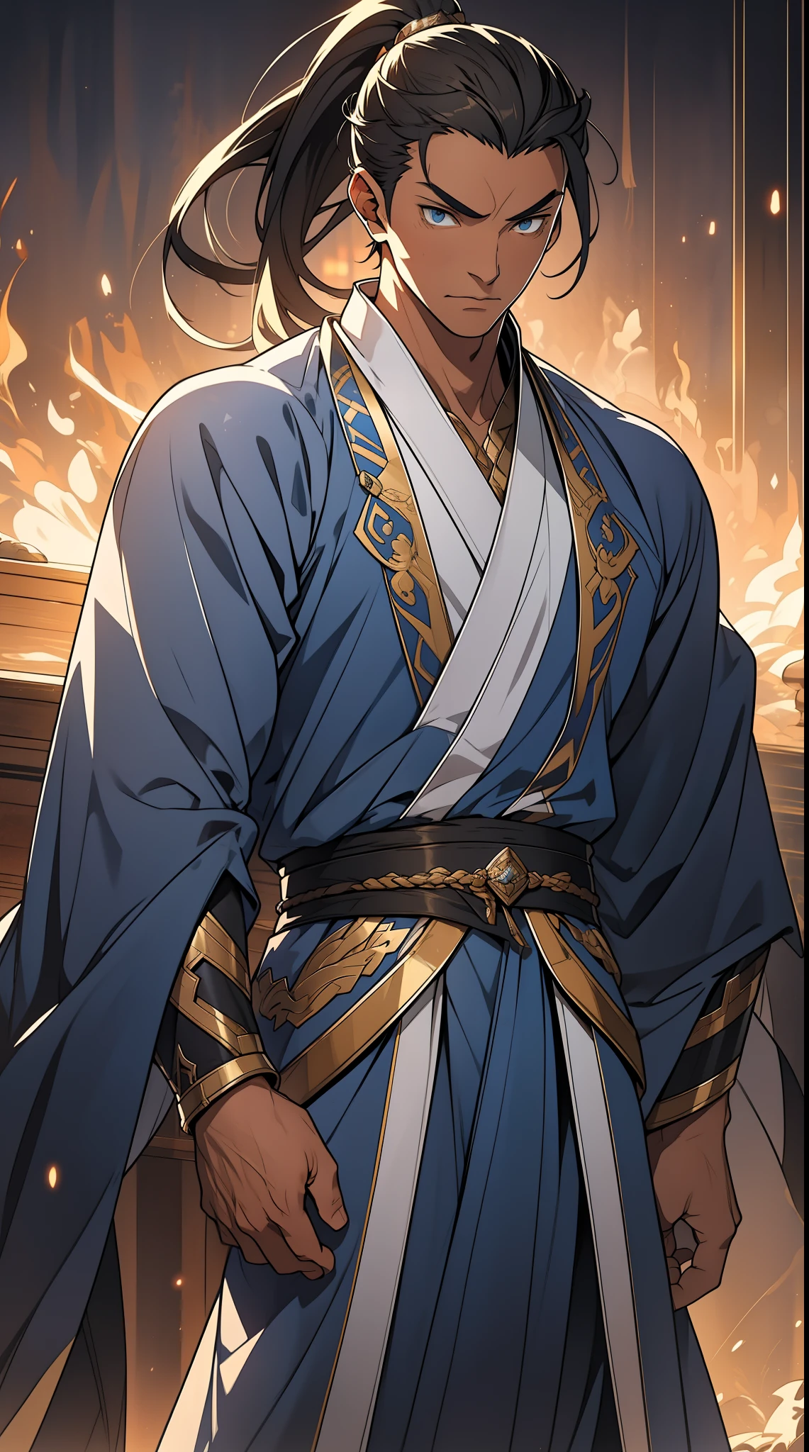 quadratic element,style of anime,mtu(Male Warrior),The proportions are correct,Face details,swordsmen,High ponytail hairstyle,Neck details,There is an Adam's apple,Blue suit,kaftan,long blue robes,clothes details,Handing over,longer sleeves,Game quality,Swordsmanship,Light and shadow tracking,Ray traching,detailed glow,cg render,hair detail,Black long hair,blue colored eyes,Handsome,Handsome,(juvenile sense),Clothing is complicated,Perfectcomposition,Refinement,high qulity,higher details,Lots of details,The background is complex,a sense of atmosphere,