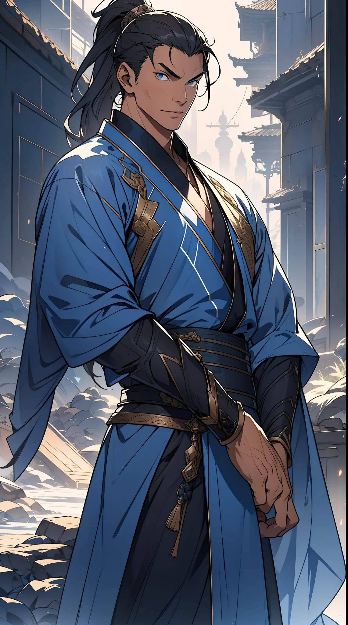 quadratic element,style of anime,mtu(Male Warrior),The proportions are correct,Face details,swordsmen,High ponytail hairstyle,Neck details,There is an Adam's apple,Blue suit,kaftan,long blue robes,clothes details,Handing over,longer sleeves,Game quality,Swordsmanship,Light and shadow tracking,Ray traching,detailed glow,cg render,hair detail,Black long hair,blue colored eyes,Handsome,Handsome,(juvenile sense),Clothing is complicated,Perfectcomposition,Refinement,high qulity,higher details,Lots of details,The background is complex,a sense of atmosphere,