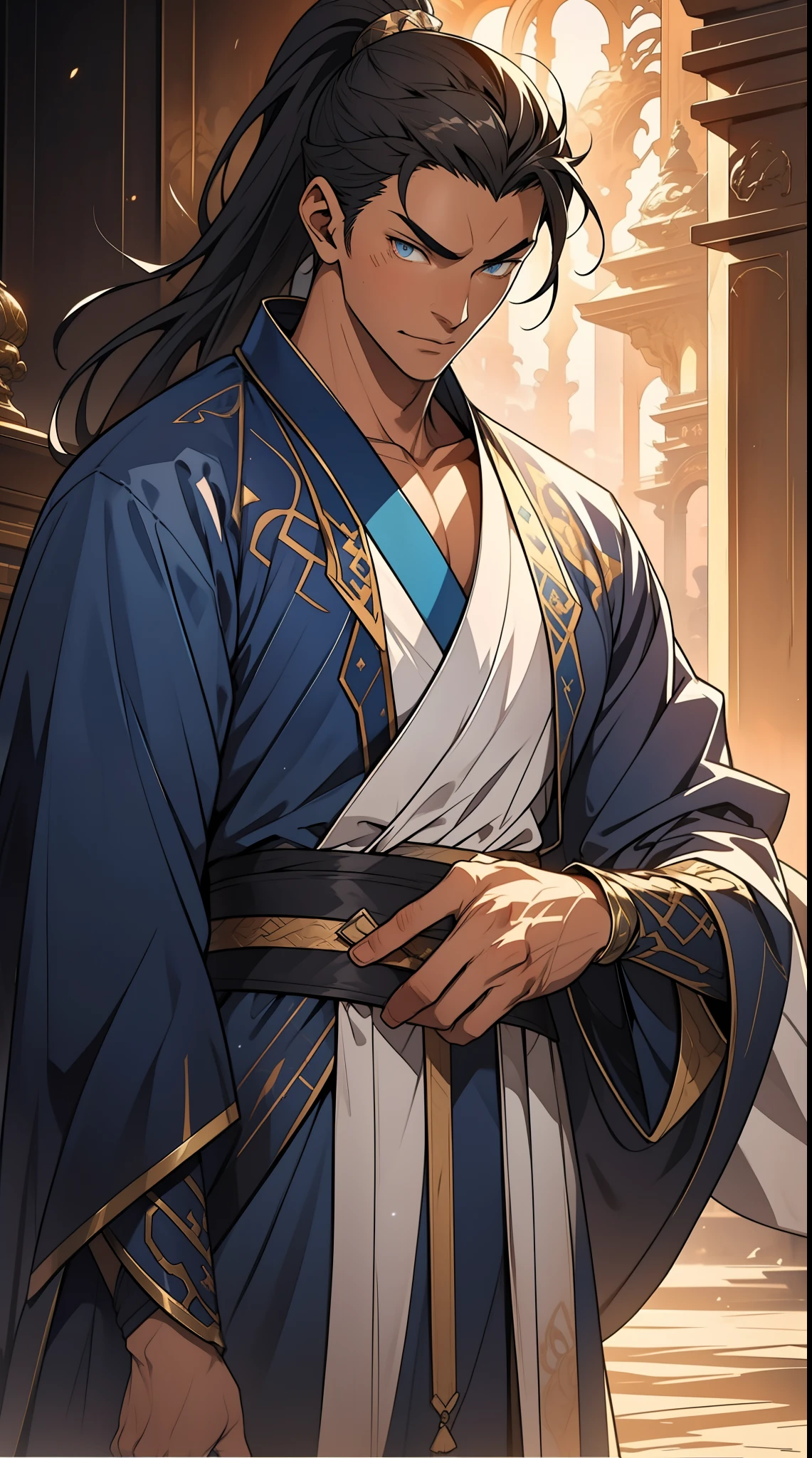 quadratic element，style of anime，mtu（Male Warrior），The proportions are correct，Face details，swordsmen，High ponytail hairstyle，Neck details，There is an Adam's apple，Blue suit，kaftan，long blue robes，clothes details，Handing over，longer sleeves，Game quality，Swordsmanship，Light and shadow tracking，Ray traching，detailed glow，cg render，hair detail，Black long hair，blue colored eyes，Handsome，Handsome，（juvenile sense），Clothing is complicated，Perfectcomposition，Refinement，high qulity，higher details，Lots of details，The background is complex，a sense of atmosphere，