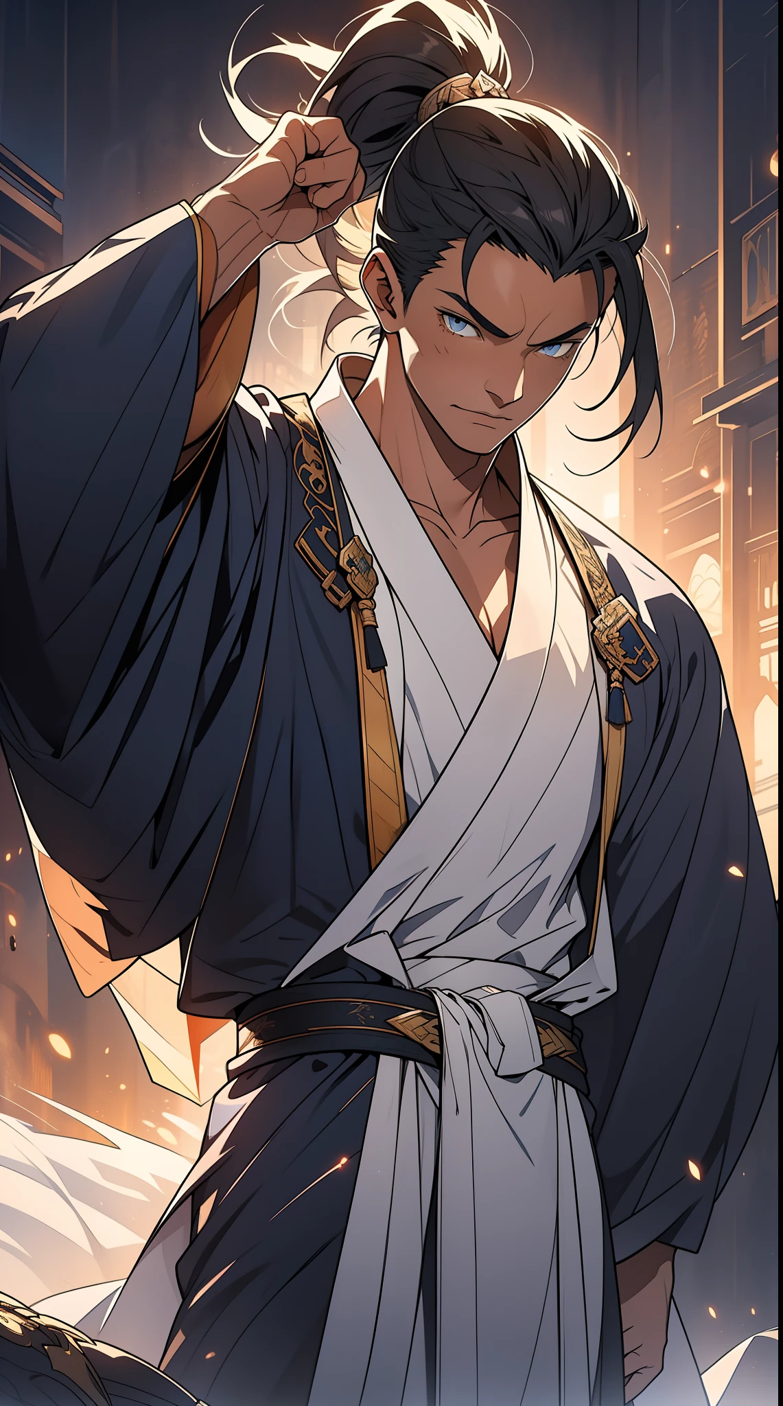quadratic element,style of anime,mtu(Male Warrior),The proportions are correct,Face details,swordsmen,High ponytail hairstyle,Neck details,There is an Adam's apple,Blue suit,kaftan,long blue robes,clothes details,Handing over,longer sleeves,Game quality,Swordsmanship,Light and shadow tracking,Ray traching,detailed glow,cg render,hair detail,Black long hair,blue colored eyes,Handsome,Handsome,(juvenile sense),Clothing is complicated,Perfectcomposition,Refinement,high qulity,higher details,Lots of details,The background is complex,a sense of atmosphere,