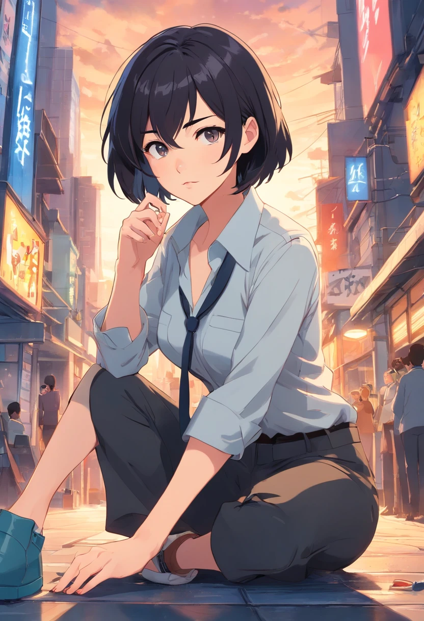 Detective Keira Rexanne Giles, her short black hair in disarray, gray eyes, serious and sharp face, her long black pants and white shirt,as she sits in a Ligne Claire Anime comic book style. 8k, high quality. Movie poster.