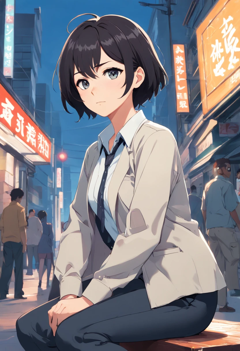 Detective Keira Rexanne Giles, her short black hair in disarray, gray eyes, serious and sharp face, her long black pants and white shirt,as she sits in a Ligne Claire Anime comic book style. 8k, high quality. Movie poster.