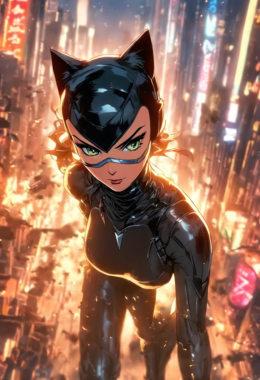 ((Best quality)), ((tmasterpiece)), ((realisticlying)), (A detailed), (Fotor is realistic:1.5), Futuristic Catwoman, (white business suit), Lights in armor, Network cap, looking at viewert, dynamicposes, postapocalyptic, Destroyed city funds, burning building, scientific fiction, hdr, Ray traching, NVIDIA RTX, Hyper-Resolution, Unreal 5, Subsoil scattering,