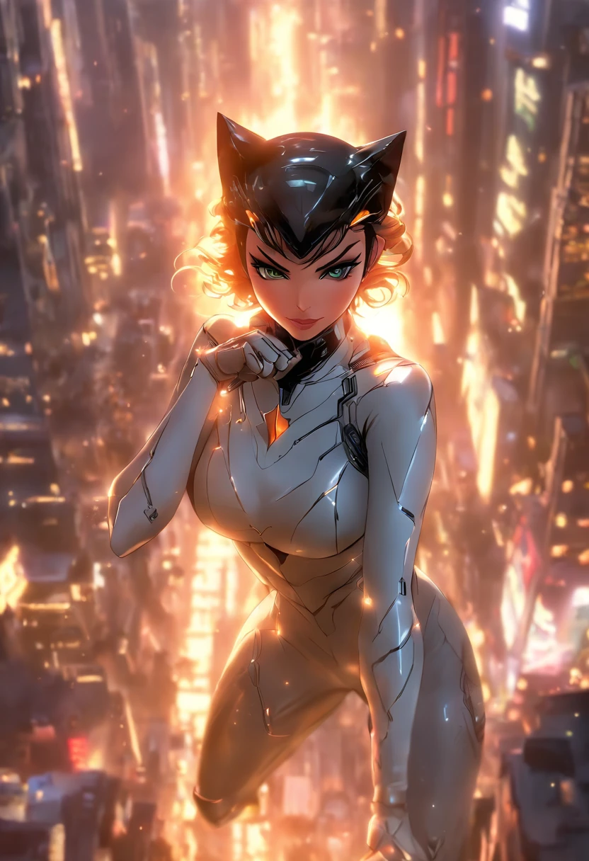 ((Best quality)), ((tmasterpiece)), ((realisticlying)), (A detailed), (Fotor is realistic:1.5), Futuristic Catwoman, (white business suit), Lights in armor, Network cap, looking at viewert, dynamicposes, postapocalyptic, Destroyed city funds, burning building, scientific fiction, hdr, Ray traching, NVIDIA RTX, Hyper-Resolution, Unreal 5, Subsoil scattering,