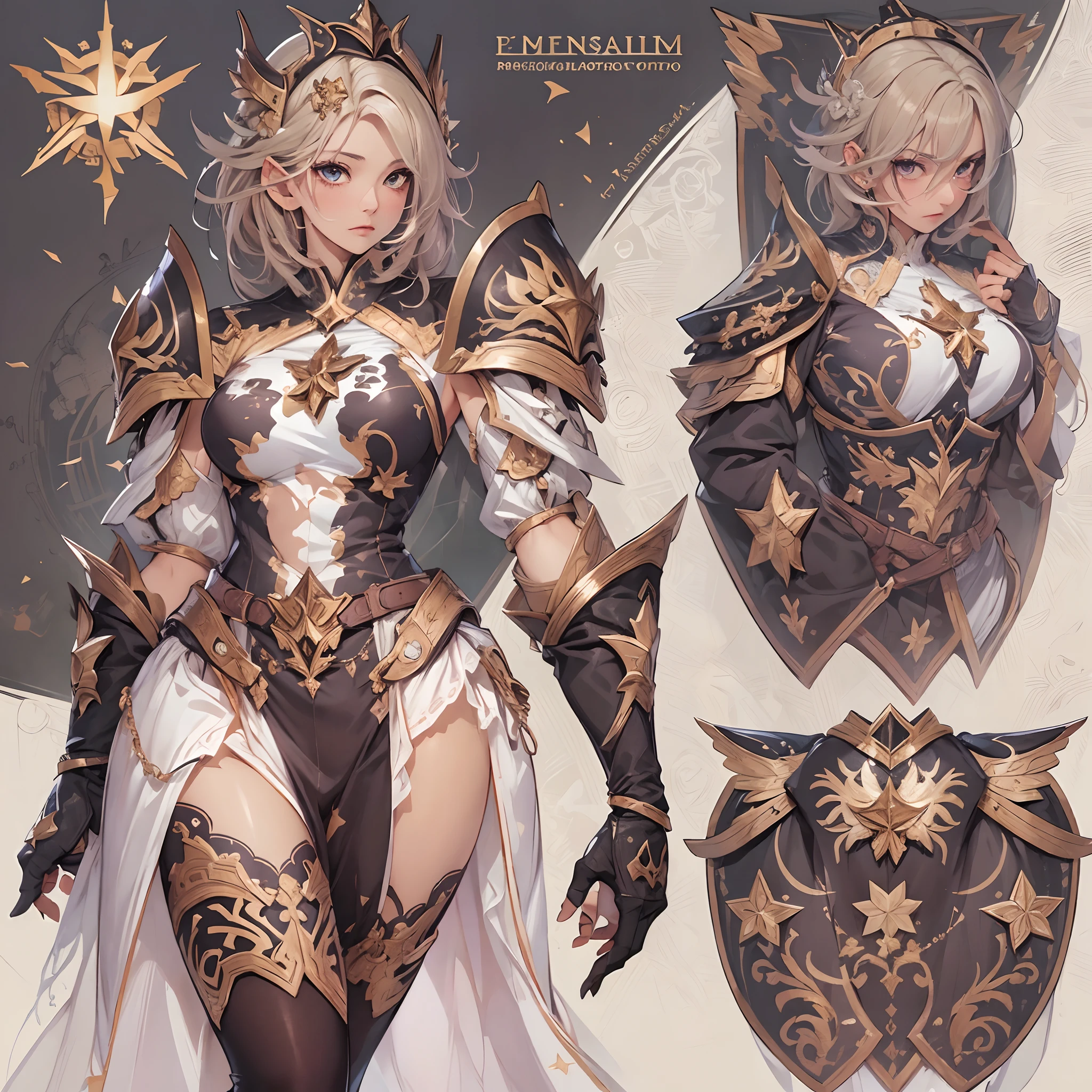((Masterpiece, Highest quality)), Detailed face, CharacterDesignSheet, full bodyesbian, Full of details, Multiple poses and expressions, Highly detailed, Depth, Many parts,Beautiful paladin girl,Holding a shield,Extremely beautiful,High Balance, Natural light, Lace,lacepantyhose,starrysky,Star decoration