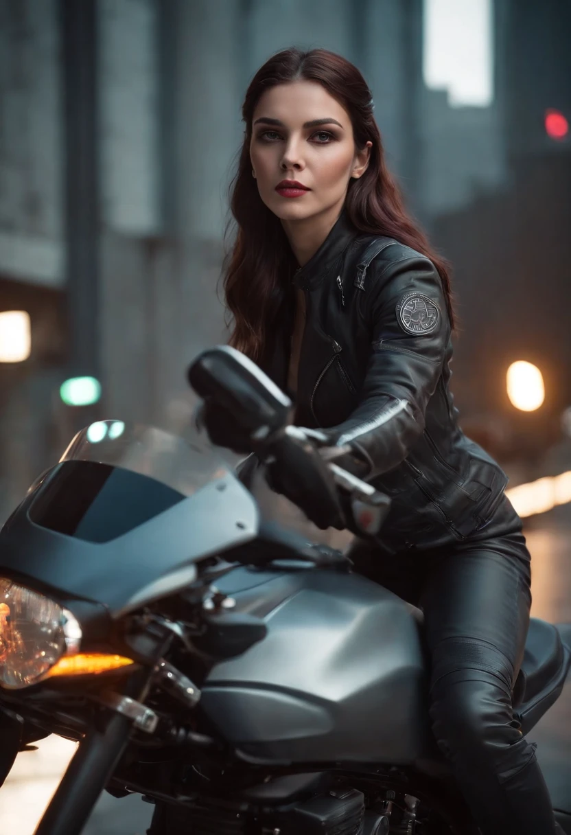 ((Qualidade Superior)), ((Melhor Varejo)), (high level of detail: 1.3), 3d, A woman riding a motorcycle,Lindo fiz (O cyberpunk:1.3) mulher hacker, female spy, pilotando uma motocicleta,medium long shot,(medium shot)