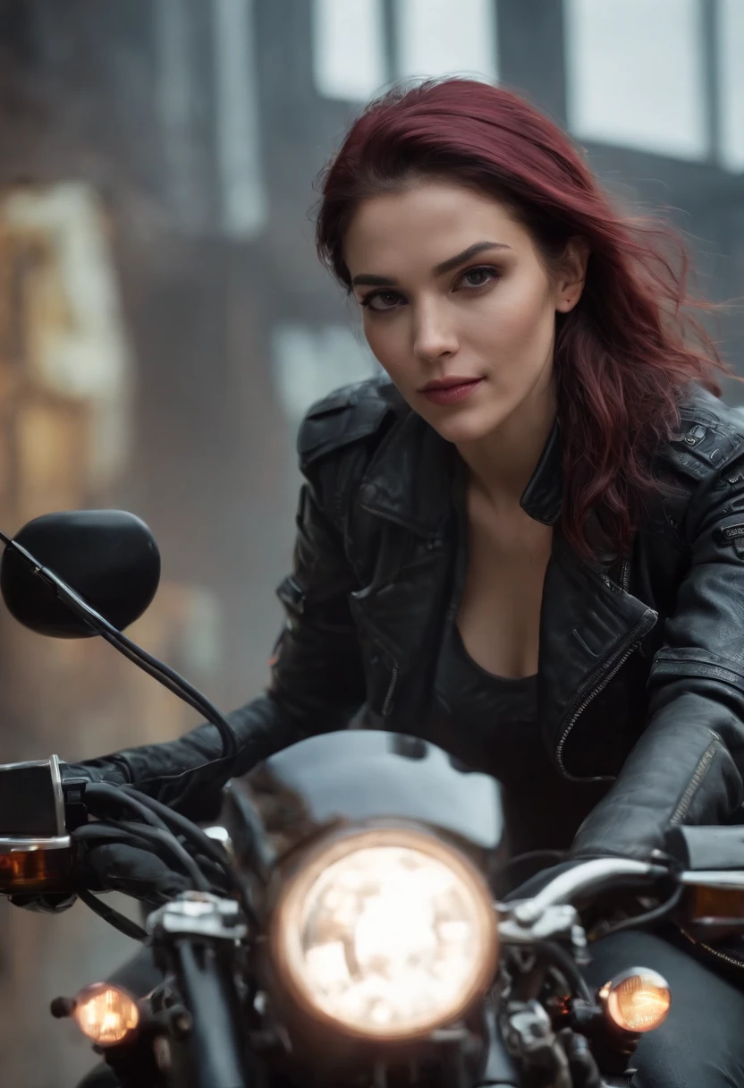 ((Qualidade Superior)), ((Melhor Varejo)), (high level of detail: 1.3), 3d, A woman riding a motorcycle,Lindo fiz (O cyberpunk:1.3) mulher hacker, female spy, pilotando uma motocicleta,medium long shot,(medium shot)