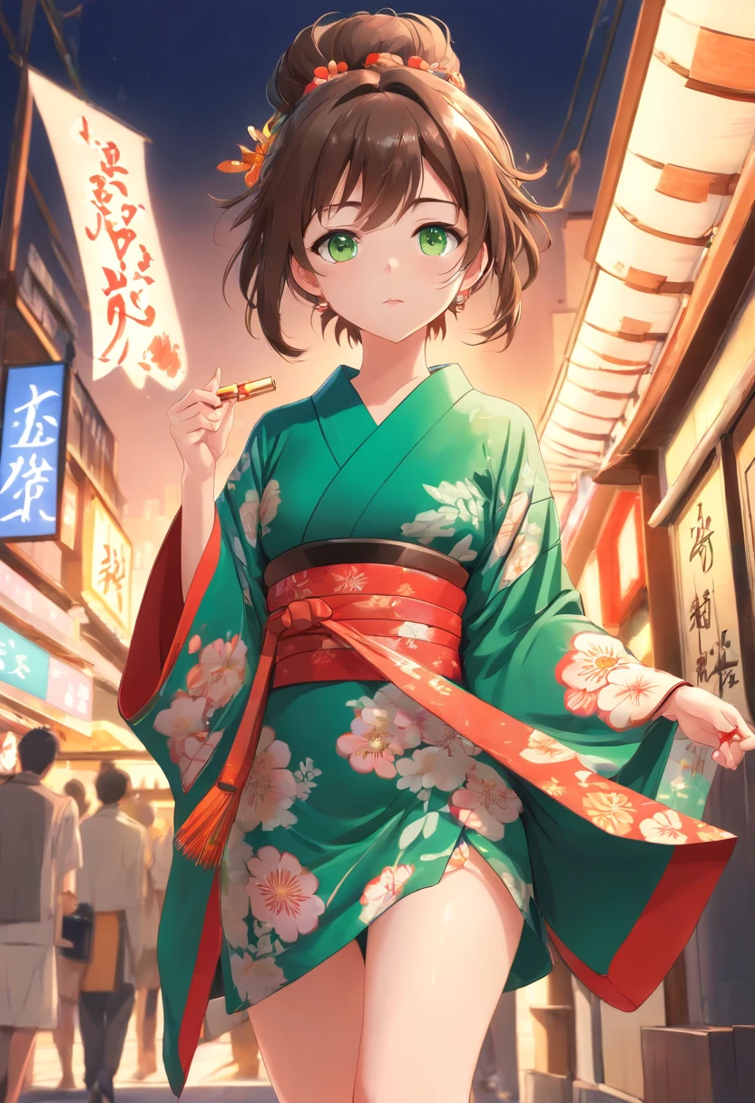 ((Kimono girl)), ((Best quality)), ((Masterpiece)), ((Realistic)), full bodyesbian,Barefoot,There are tattoos on the legs,Jumping action,The sole of the foot has a ring on the thumb, Hair with metal hair accessories,Long hair, ((Green eyes)), Female face, Metal engraved tabletop, Royal Halo, trends in art station , Sharp focus, studio photo, intricately details, Very detailed, A detailed eye, illustration, Very detailed, Sharp focus, A digital rendering, professional, 4K,