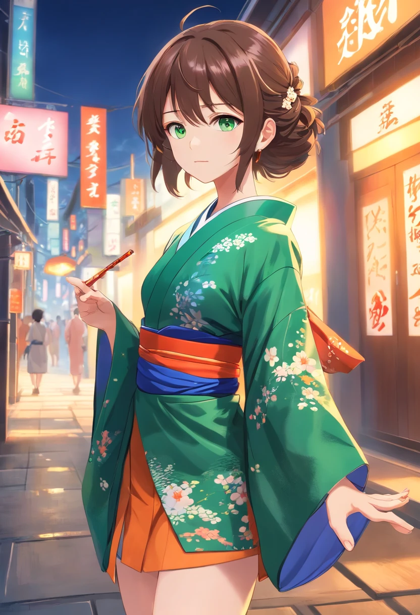 ((Kimono girl)), ((Best quality)), ((Masterpiece)), ((Realistic)), full bodyesbian,Barefoot,There are tattoos on the legs,Jumping action,The sole of the foot has a ring on the thumb, Hair with metal hair accessories,Long hair, ((Green eyes)), Female face, Metal engraved tabletop, Royal Halo, trends in art station , Sharp focus, studio photo, intricately details, Very detailed, A detailed eye, illustration, Very detailed, Sharp focus, A digital rendering, professional, 4K,
