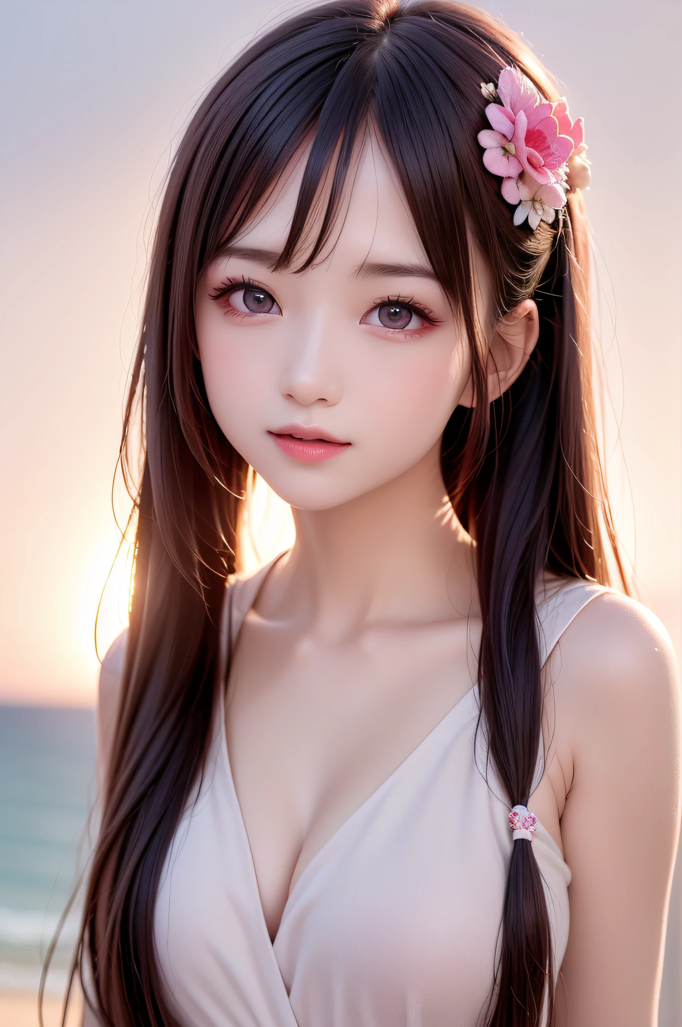(1 young girl), (extremely detailed beautiful face), Amazing face and eyes, (Best Quality:1.4), (Ultra-detailed), (extremely detailed CG unified 8k wallpaper), Highly detailed, High-definition raw color photos, Professional Photography, Amazing face and eyes, Pink eyes, Brown hair, Model, beautiful breasts, (((Bokeh))), depth of fields, Beach, Twilight, Sunset