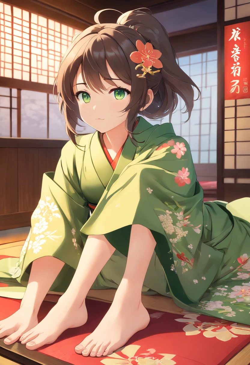 ((Kimono girl)), ((Best quality)), ((Masterpiece)), ((Realistic)), full bodyesbian,Barefoot,There are tattoos on the soles of the feet, Hair with metal hair accessories,Long hair, ((Green eyes)), Female face, Metal engraved tabletop, Royal Halo, trends in art station , Sharp focus, studio photo, intricately details, Very detailed, A detailed eye, illustration, Very detailed, Sharp focus, A digital rendering, professional, 4K,