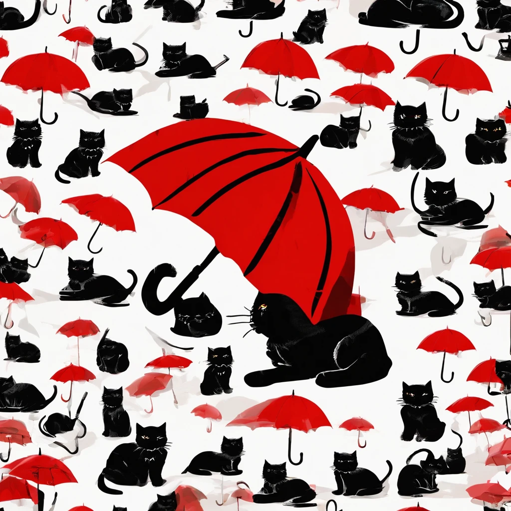 Best Quality 4k Black Cat Silhouette Red Umbrella White Background Backlit Simple