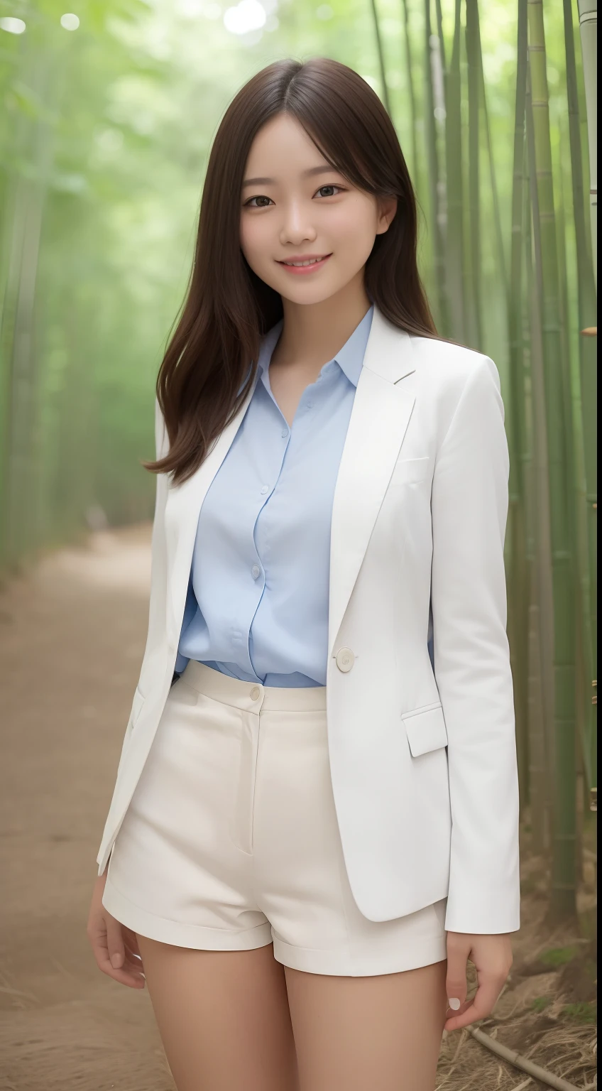 A smiling girl,While wearing a white Business suits,Super short blue denim shorts,Standing in a bamboo forest,com rosto detalhado,The eyes are delicate,The photo quality is the best,Realistic image quality,Background diffuse lighting,Depth of field display。