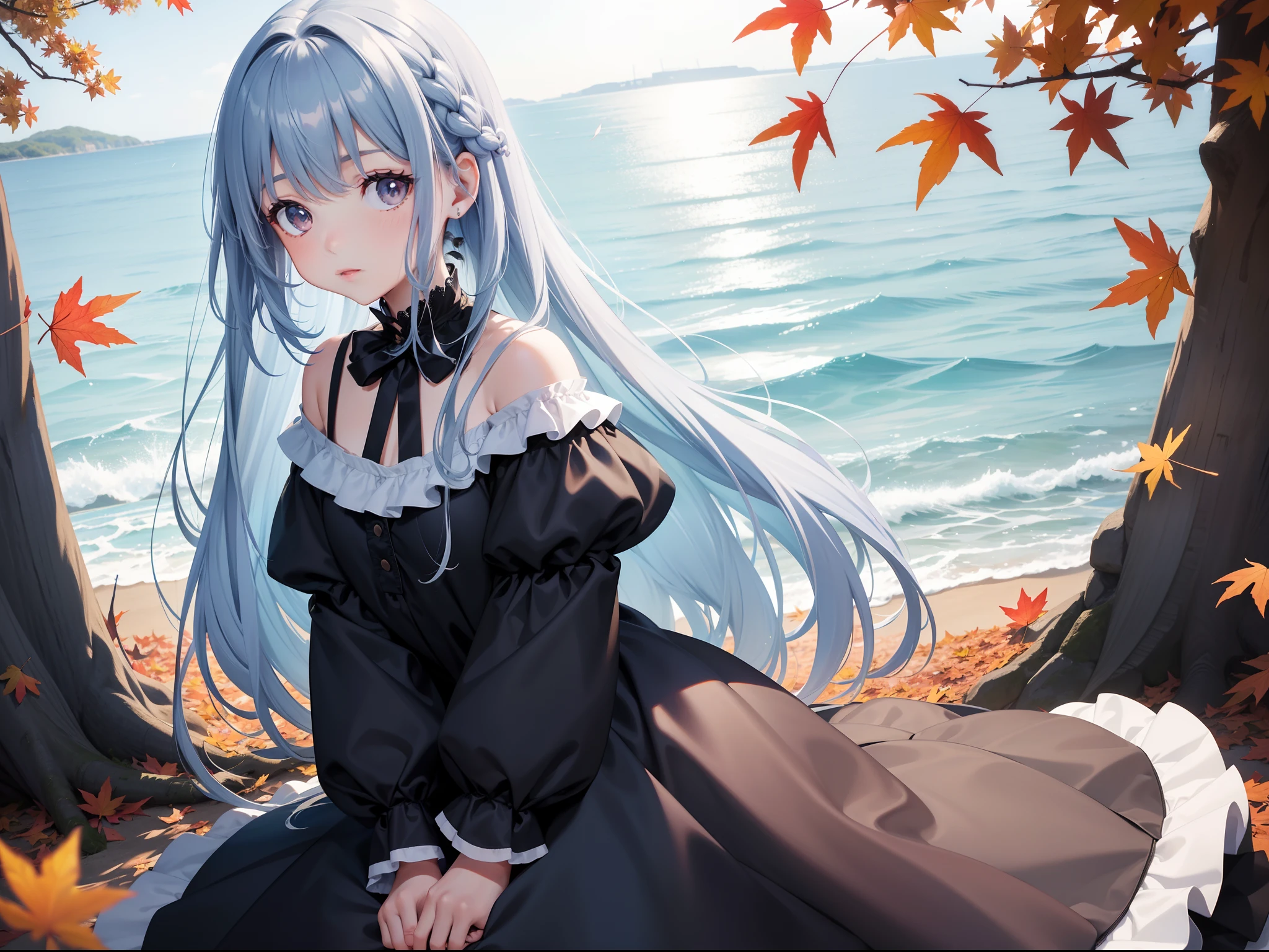 Pretty girl You can see the sea in the distance A park on a hill with autumn leaves Light blue long hair Black eyes Blue dress Very Beautiful Little Girl Falling leaves flutter (a picture) Face Highlights