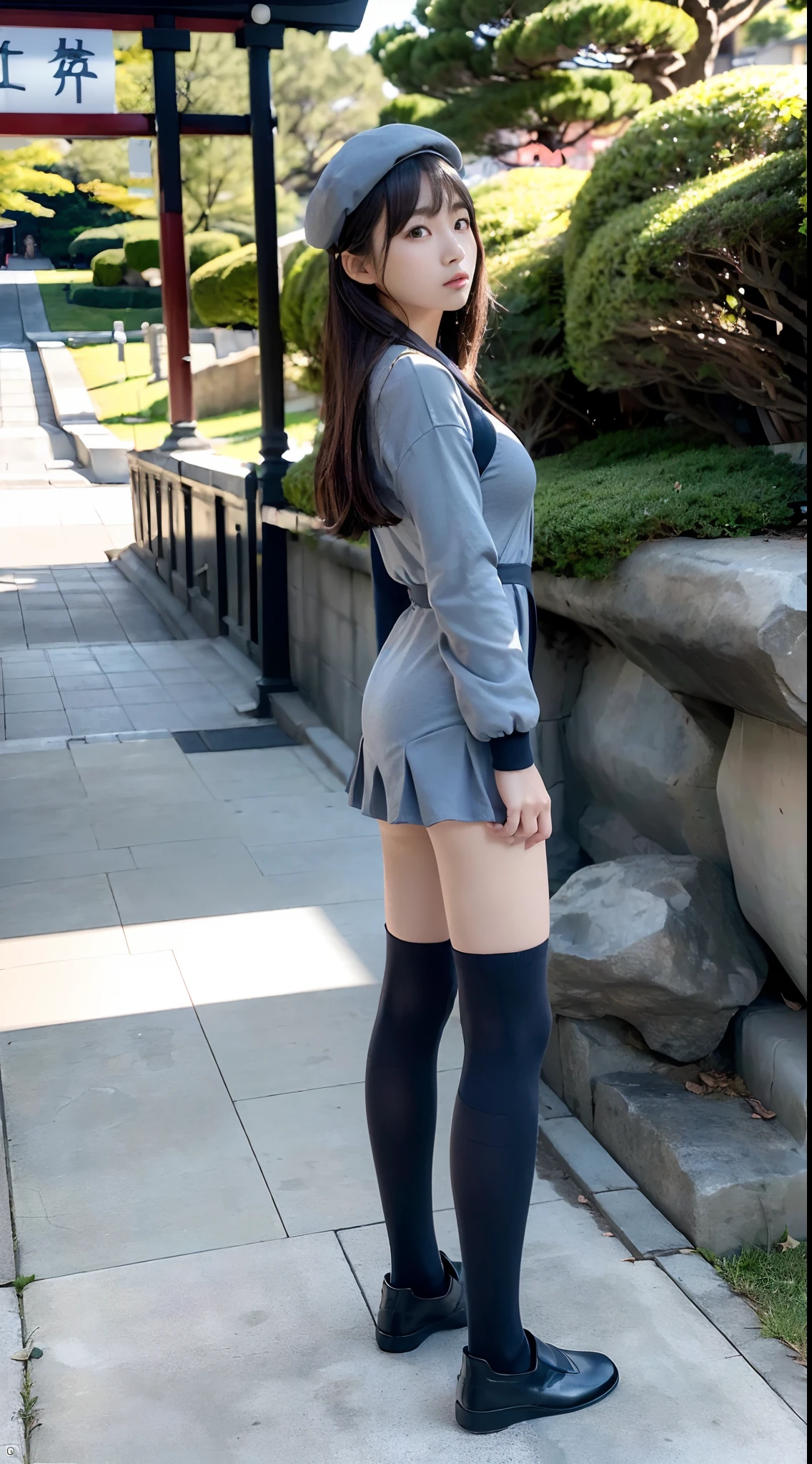 mix4, (16 K, Raw photography, Top image quality, ​masterpiece: 1.45), (realisitic, Photorealsitic: 1.37), one girls, 7．5, etc、Random hairstyle、Standing figure，Noon time slot、a very cute, Precincts of the shrine,stone stairs, profetional lighting, photon maping, a park、physically-based renderingt, Gradient dark brown hair,, a handsome, Well-groomed and beautiful eyes、Large double eyelids、Very shiny、girl with, (((student clothes、Long sleeve sailor suit worn by Japan girl、red cuffs、Dark blue mini skirt, Small gray beret、Dark blue knee-high socks、Black loafers))), Top Quality Photos, hight resolution, 1080p, (clearface), (Detailed face description), (Detailed hand description), (​masterpiece), (Exquisite CG)、extreme light and shadows、dishevled hair、master work、abundant detail、(Fine facial features)、(top quality photo)、(masuter piece)、(A detailed eye)、Look in front of you、Fine clavicle、((Slender big))、(((Japan schooln long-sleeved sailor suit)))、((Ready Idol System))、((Precincts of the shrine、torii gate、Tesuisha、Komainu))、(Shooting from random perspectives)、(((Anyway cute)))、耳Nipple Ring、A big smile、Drawing the whole body from the knees、Do not draw nasolabial folds、(((Long-sleeved sailor suit)))、(Big breasts that hang down big:1.2)、Big buttocks with tension、Two arms and two legs、(((from the front side:1.1)))、bare hand、No mask、