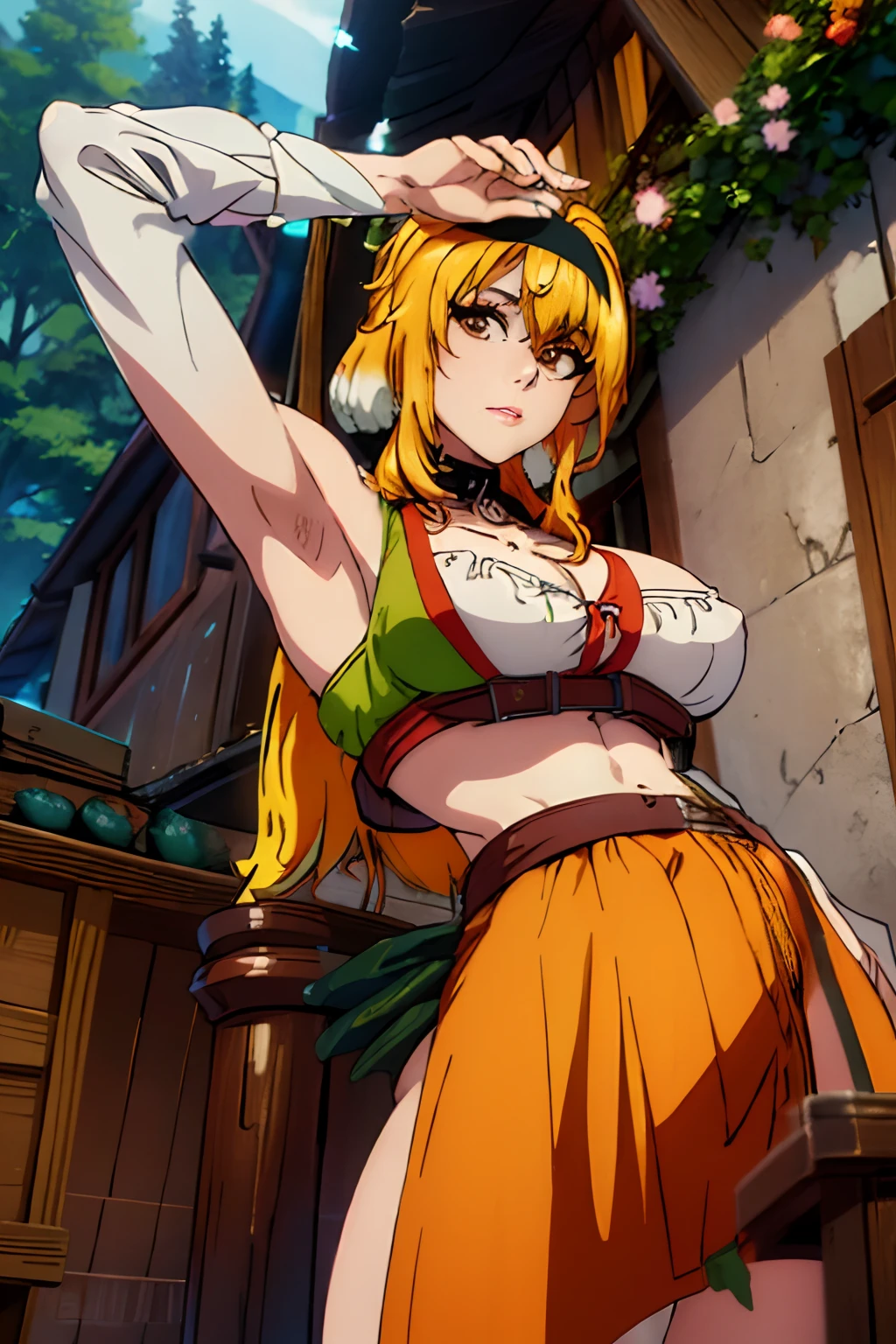 (day:1.7), in forest village, wooden house,brick_wall, 

,( dynamic pose:1.2), 

green mercenary_uniform, midriff, navel, (large breast:1.4), toned body,

choker,

blonde hair,long_hair,hairband,bangs, brown_eyes, fluffy blonde tail,

official art,extremely detailed CG unity 8k wallpaper, perfect lighting,Colorful, Bright_Front_face_Lighting, (masterpiece:1.0),(best_quality:1.0), ultra high res,4K,ultra-detailed, photography, 8K, HDR, highres, absurdres:1.2, Kodak portra 400, film grain, blurry background, bokeh:1.2, lens flare, (vibrant_color:1.2)

big breasts body,  (narrow_waist), (skindentation, narrow waist, thighs, wide hips, half eye close, eyeliner, eyelashes, perfect face, detailed eyes, facial lighting:1.2),