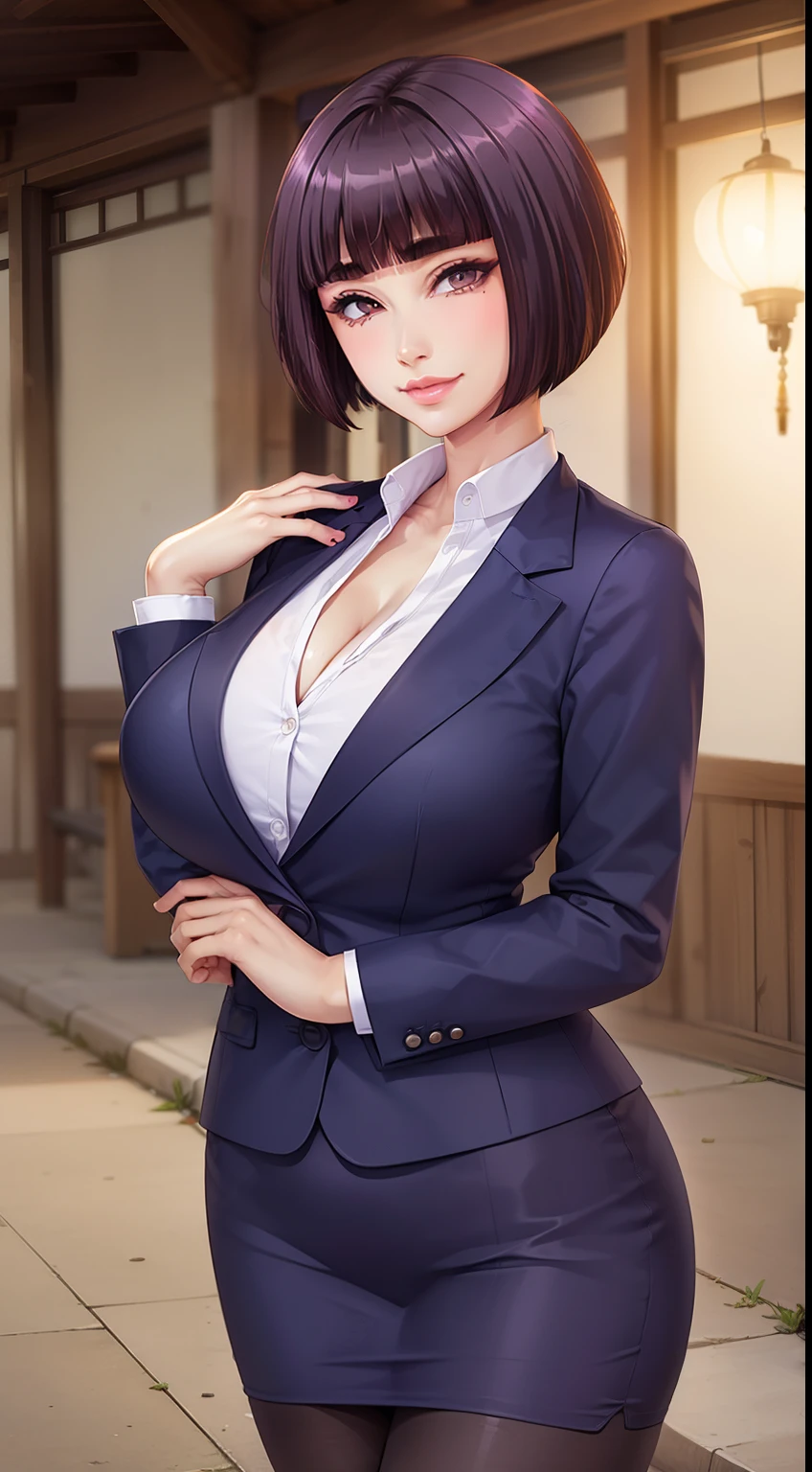 (masterpiece, best quality, high quality, ultra high res, beautiful detailed hair detailed face, perfect feminine face), (vibrant colors, vivid colors, Diffused lighting:1.1), Itsuki Shima, mature female, (cowboy shot:1.2), black pantyhose, pencil skirt, short hair, brown hair, bob cut, brown eyes, huge breasts, cleavage, looking at viewer, office lady, formal, suit, skirt suit, jacket, collared shirt, perfect body, perfect eyes, anime eyes, eyeshadow, perfect face, (, blush, smirking:1.1), evening park, sunset, bright background, grass, japaneese park background, park lanterns, intricate background, sharp focus, professional artwork, intricate details, digital blending, ultra detailed body, ultra detail hair, ultra detail face, trending on pixiv