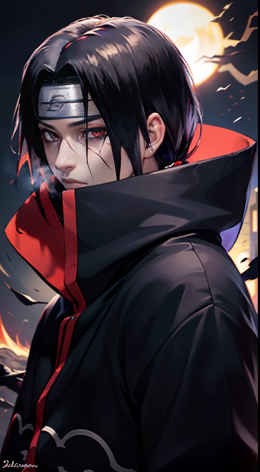 (master part, melhor qualidade, high resolution,Granulado:1.2), quebrar (Uchiha Itachi:1.3), cabelos longos,protetor de testa, Ninja, capa, gola alta, jewelries, colar,cabelos pretos ,olhos vermelhos , macho, 1st grade, black smoke surrounding, covered in black smoke, olhos brilhantes, QUEBRAR corvos, transformando-se em corvos, (cercado por corvos:1.1),