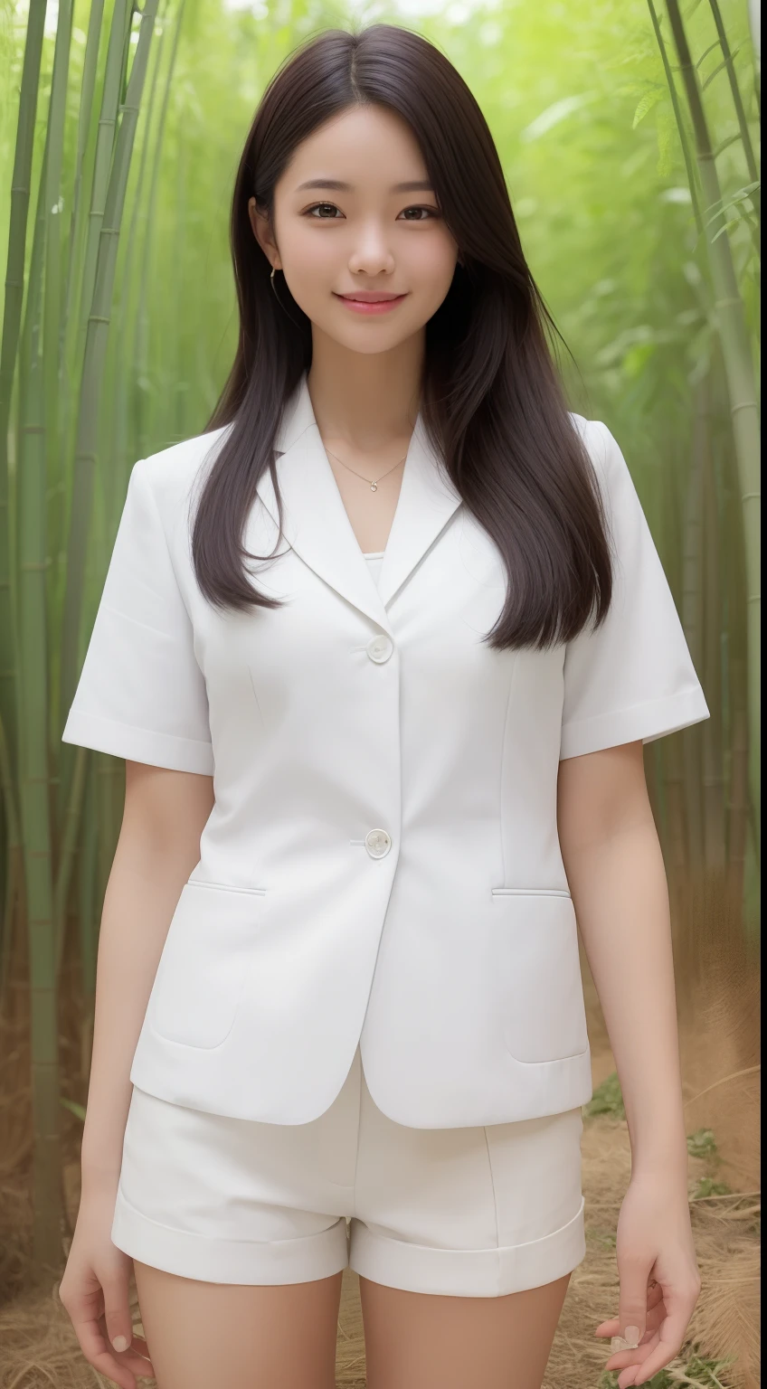 A smiling girl,While wearing a white Business suits,Super short blue denim shorts,Standing in a bamboo forest,com rosto detalhado,The eyes are delicate,The photo quality is the best,Realistic image quality,Background diffuse lighting,Depth of field display。