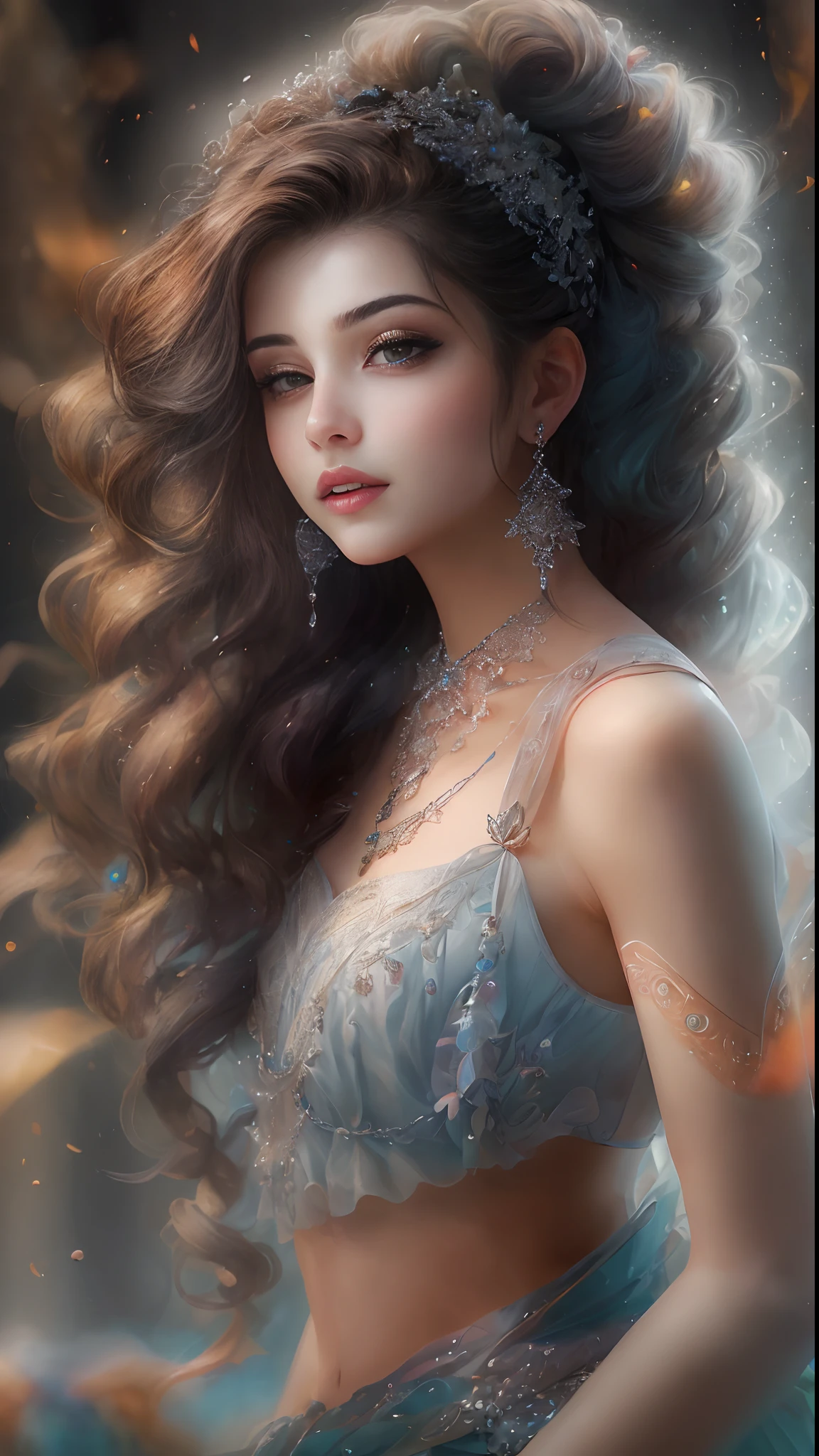 (Best quality, 4K, 8K, A high resolution, Masterpiece:1.2), Ultra-detailed, Realistic portrait, Beautifully detailed eyes, beautiful detailed lips, Detailed expression, Graceful posture, Dreamy atmosphere, Dark-toned background, expressive brush strokes, mystical ambiance, Artistic interpretation,Beautiful braided hair,Exquisite jewelry, Amazing little fresh style costume, a whimsical illustration, Subtle colors and tones, mystical aura,Details have been upgraded