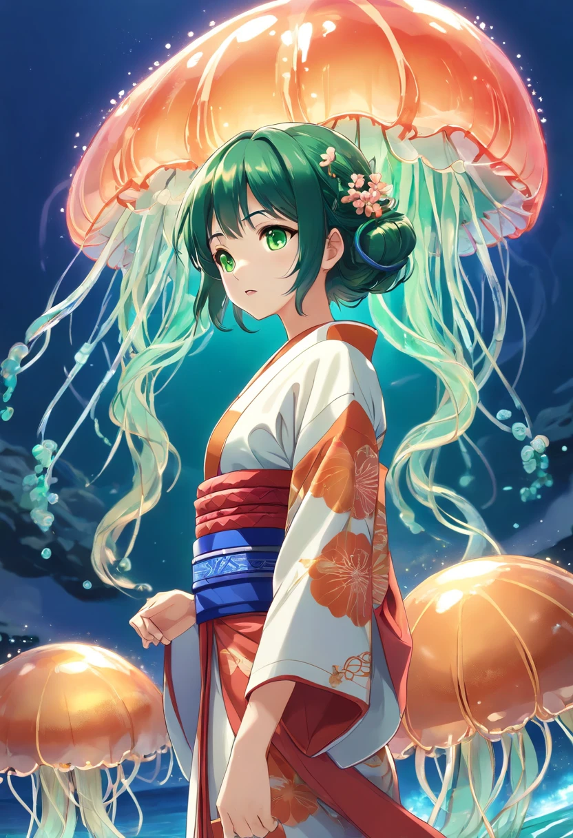 ((Kimono girl)), ((Best quality)), ((Masterpiece)), ((Realistic)), full bodyesbian,Barefoot,There are tattoos on the legs, Hair with metal hair accessories, ((Green eyes)), Female face, Metal engraved tabletop, Royal Halo, trends in art station , Sharp focus, studio photo, intricately details, Very detailed, A detailed eye, illustration, Very detailed, Sharp focus, A digital rendering, professional, 4K,((Jellyfish monsters in Greek mythology))