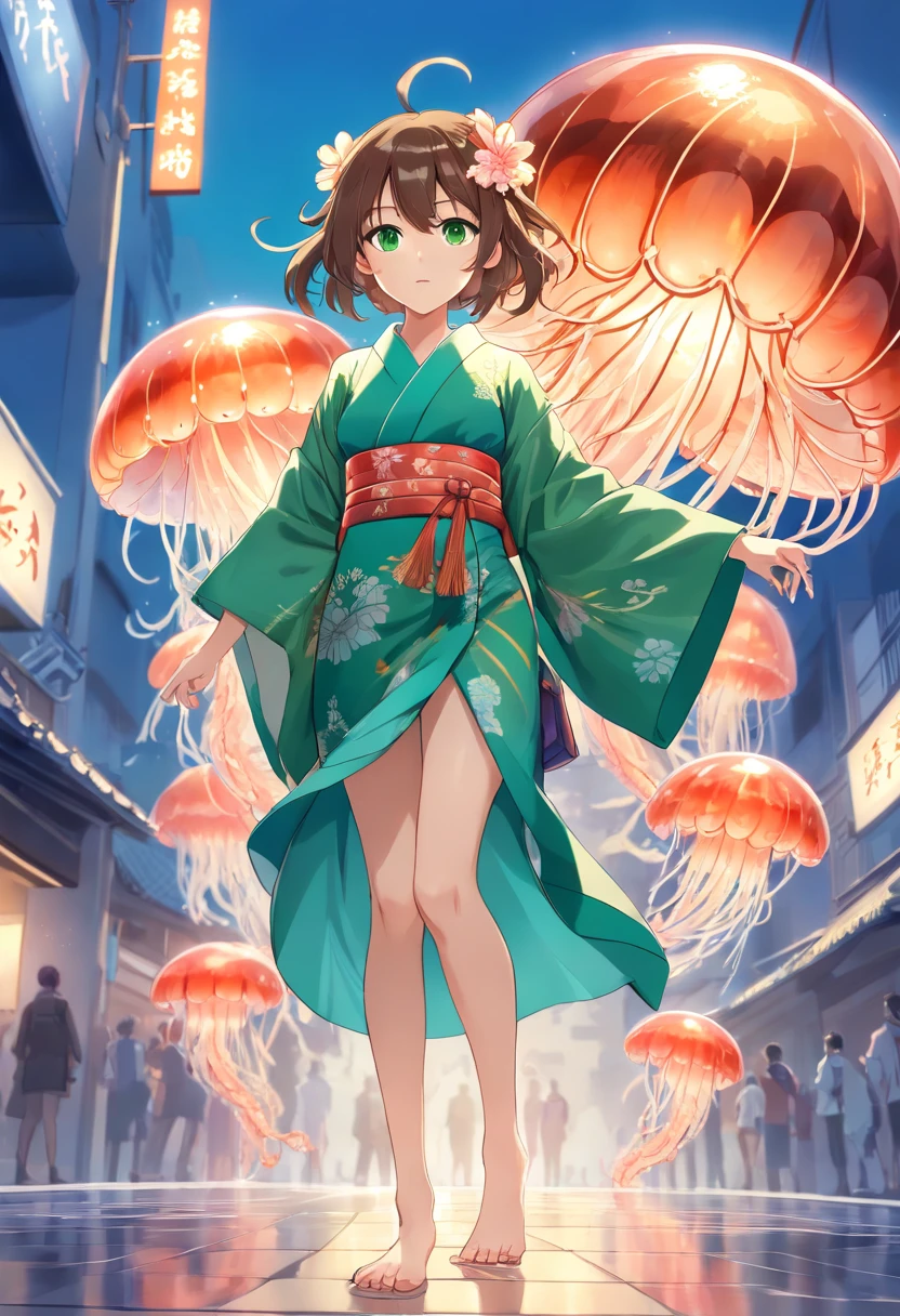 ((Kimono girl)), ((Best quality)), ((Masterpiece)), ((Realistic)), full bodyesbian,Barefoot,There are tattoos on the legs, Hair with metal hair accessories, ((Green eyes)), Female face, Metal engraved tabletop, Royal Halo, trends in art station , Sharp focus, studio photo, intricately details, Very detailed, A detailed eye, illustration, Very detailed, Sharp focus, A digital rendering, professional, 4K,((Jellyfish monsters in Greek mythology))
