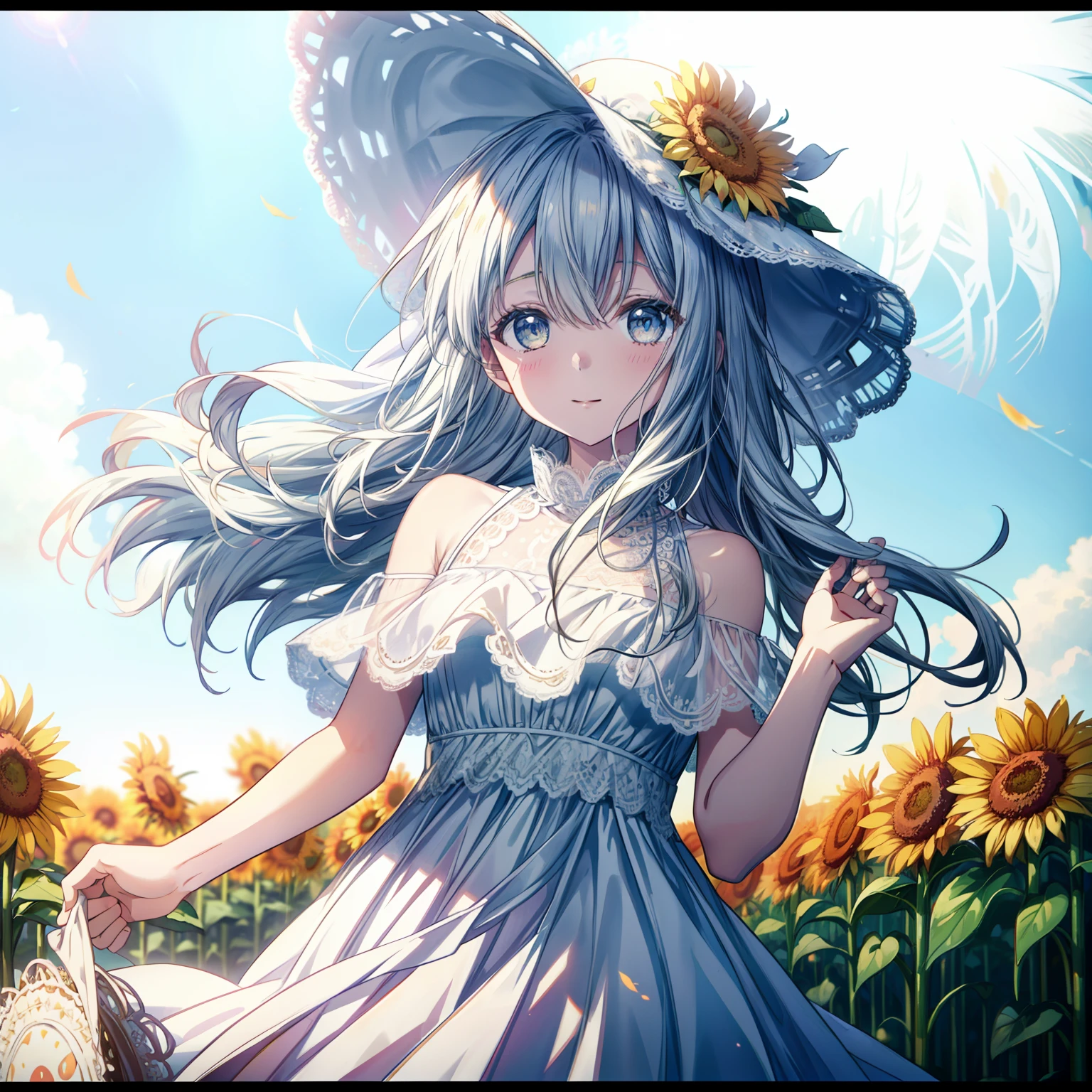 Fuwa Love Car,1girll,Solo, (White lace dress:1.2),floating dress (sunhat:1.2), Sunflower field, Under the sunlight, Light smile,view the viewer, Wind, Dynamic, Strong light and shadow,Dynamic pose,