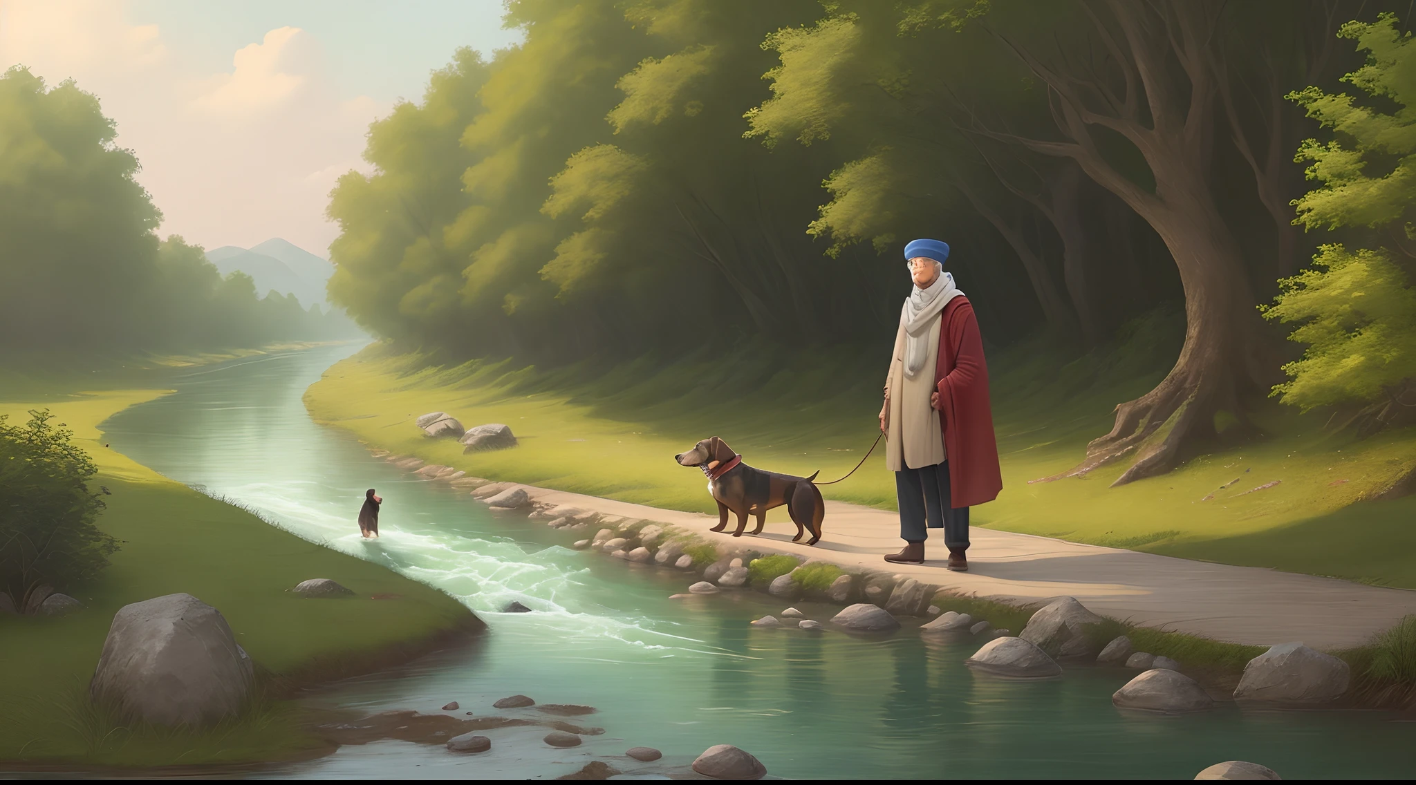 Standing a man river bank with his dog and background in board , board on writing Aaliya word