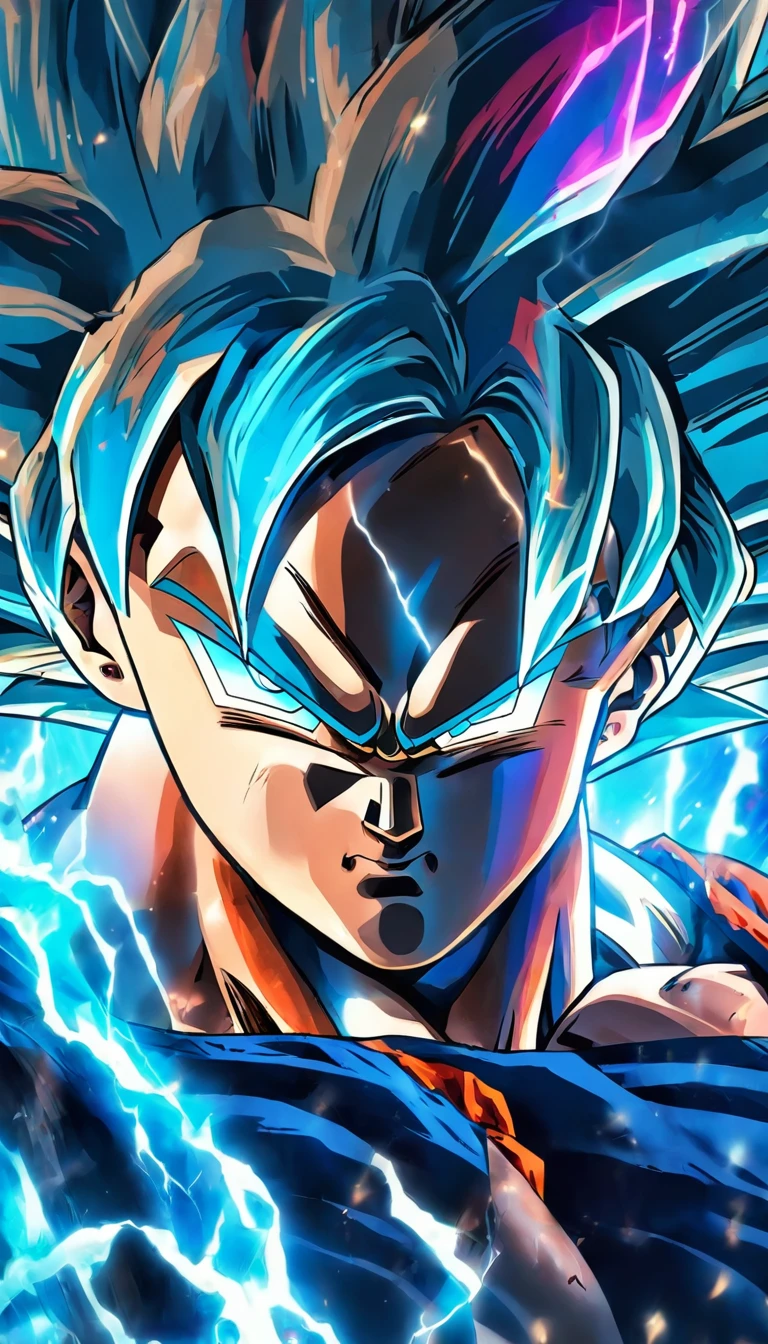 ((optimum，The best quality))One body is very large，Close-up of a person with a very large body，ultra instinct，Epic anime of energy people，4K comic wallpaper，Super Saiyan Blue，anime wallaper，4k anime wallpapers，anime wallpaper 8 K，anime wallpaper 8 K，Character Dragon Ball，Wukong，human goku，Highly detailed portrait of Super Saiyan Goku，详细的脸，Detailed eyes，Small eyeballs，Serious expressions，Fierce eyes，Surrounded by a hint of red, Blue and black lightning