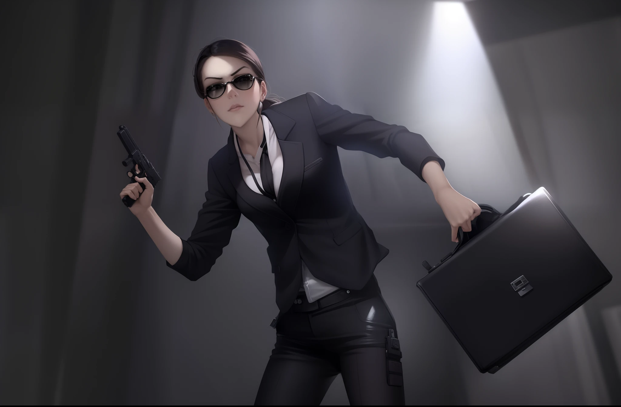 woman in business suit holding a gun and briefcase, carrying a gun, carrying guns, female secret agent, sunglasses, dramatic wielding gun pose, brandishing a gun, woman, holding a gun, holding gun, with pistol, menacing!!!, she, headshot, holding handgun, female investigator, holding arms on holsters, city street backdrop, neon lighting, danger atmosphere