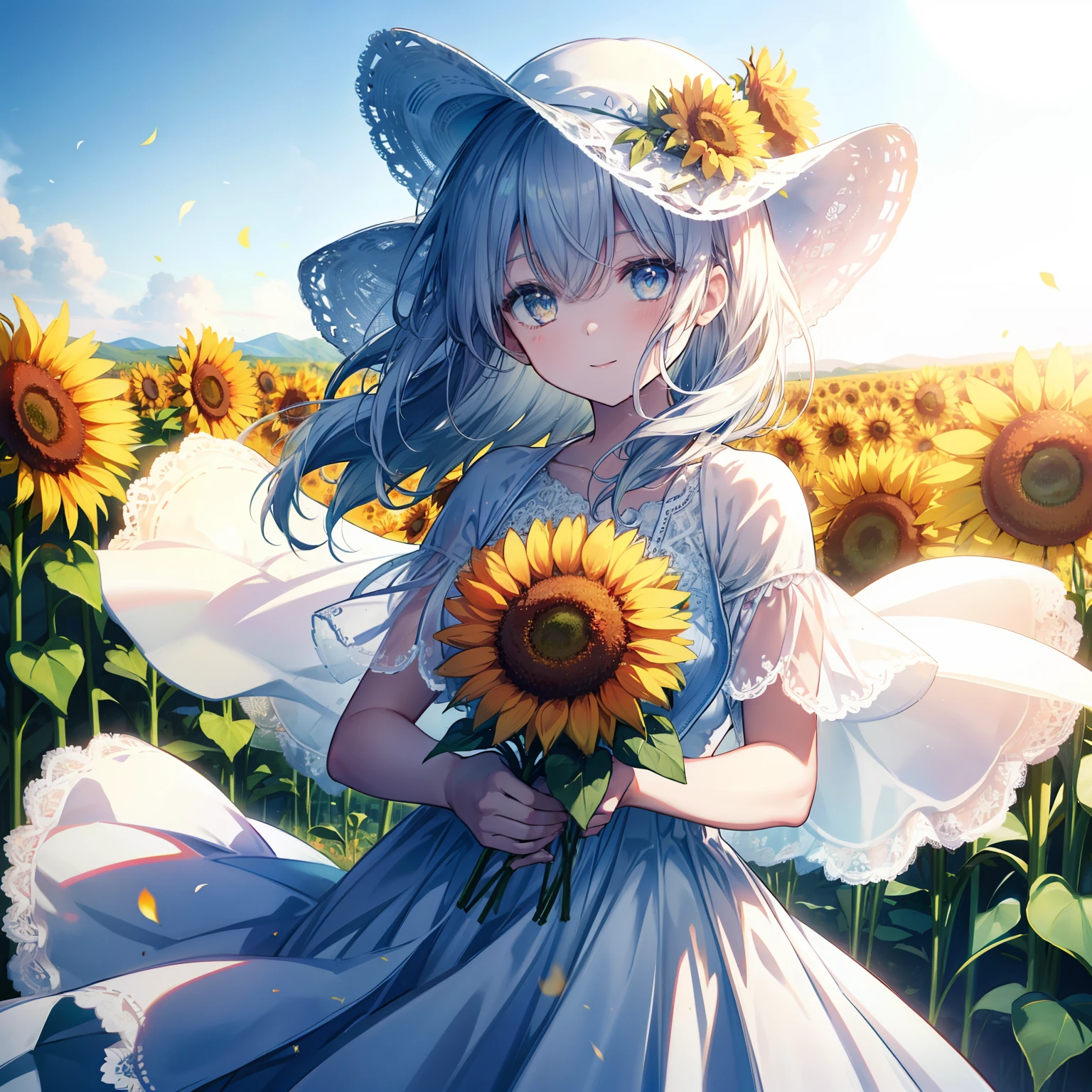 Fuwa Love Car,1girll,Solo, (White lace dress:1.2),floating dress (sunhat:1.2), Sunflower field, Under the sunlight, Light smile,view the viewer, Wind, Dynamic, Strong light and shadow,Dynamic pose,