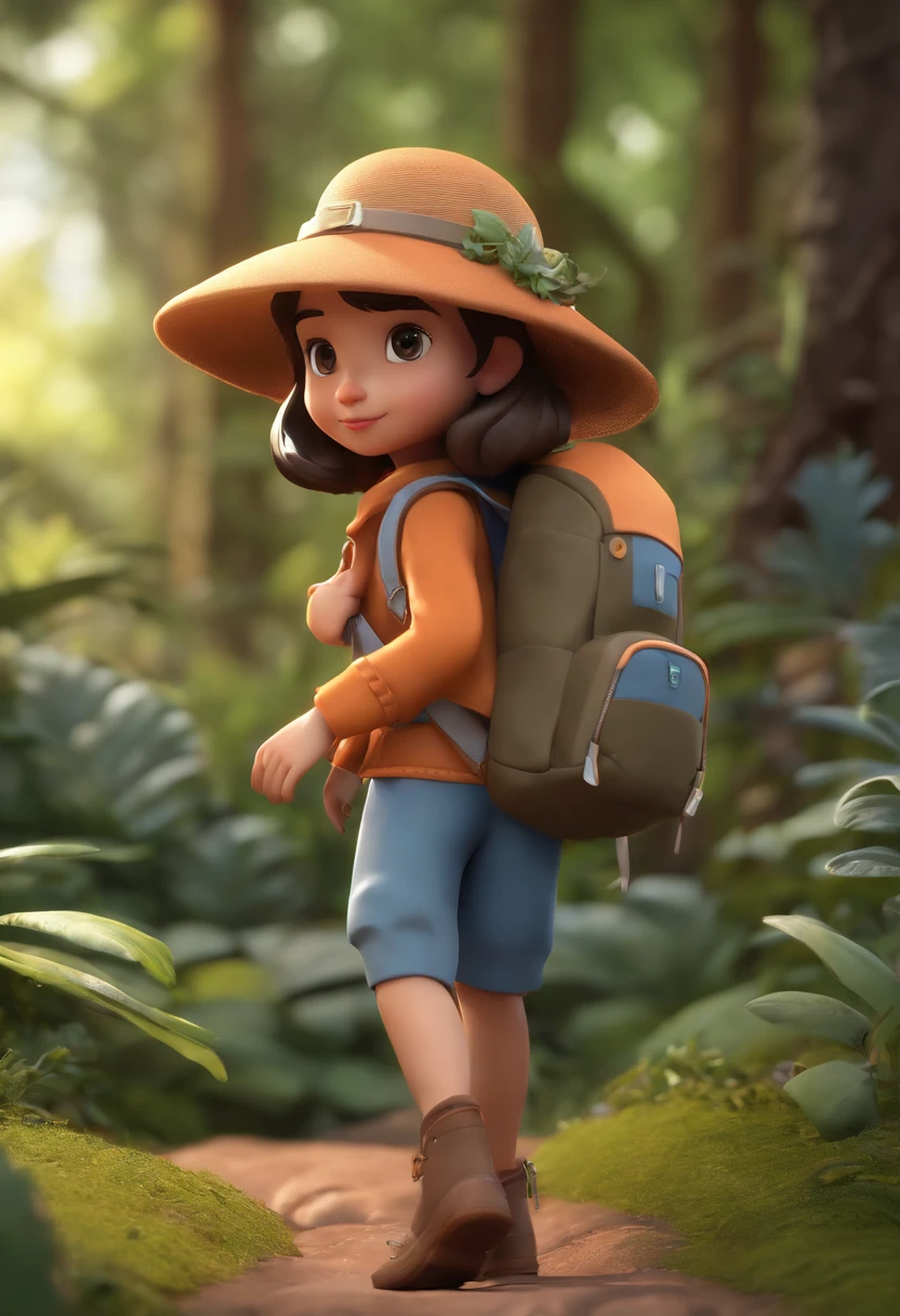 Character sheet of a cartoon character in a hat and backpack, female explorer mini cute girl, walking in the wilderness, flower jungle, animation style rendering, cute 3 D rendering, small characters. Unreal Engine 5, stylized anime, cute detailed digital art, Atey Ghailan 8 K, stylized 3D rendering, adventure surreal rendering, anime style 3D, 3D rendering stylized, multiple poses