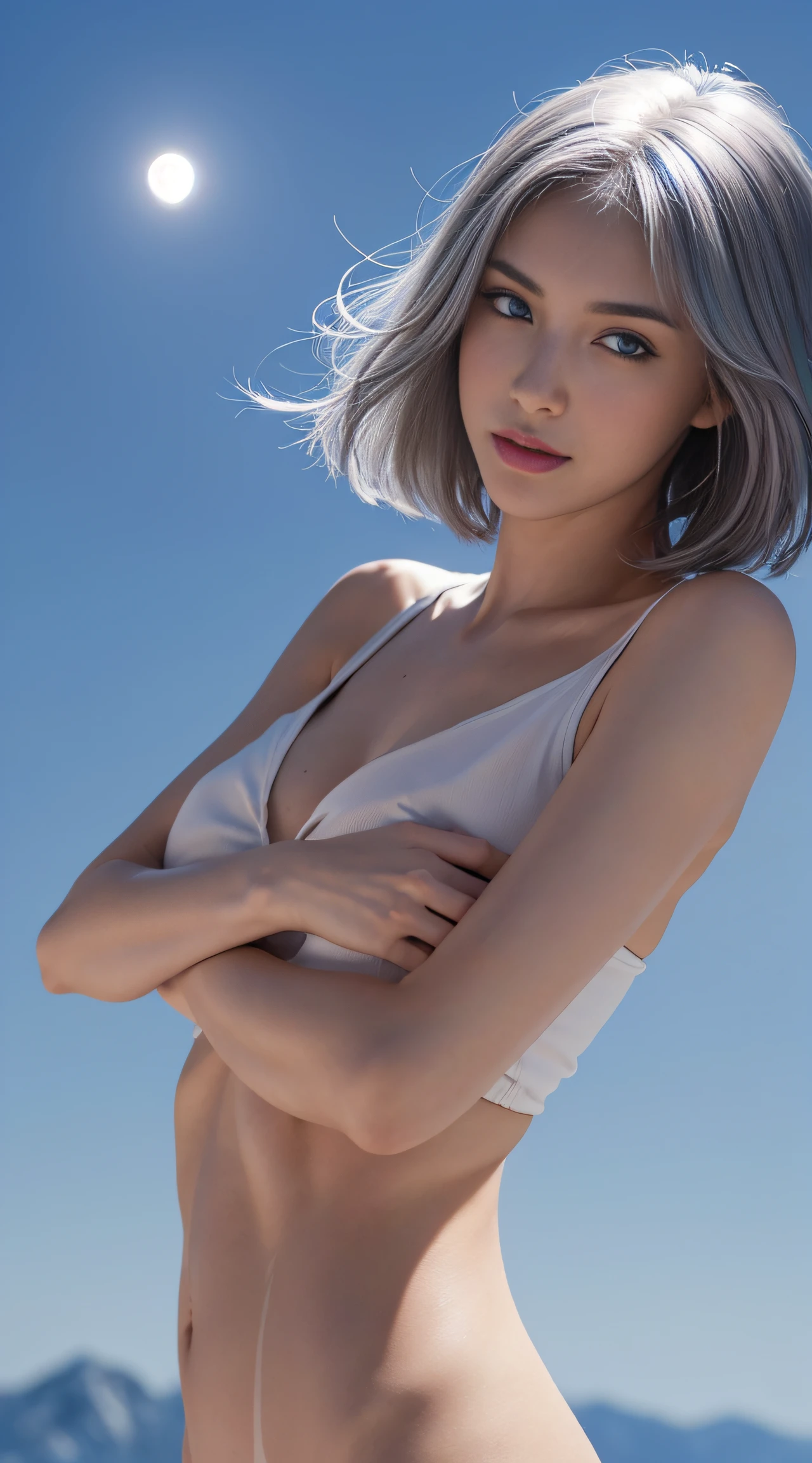 8K, Top Quality, Intricate Details, Ultra Detail, Ultra High Resolution, Masterpiece, random angle, Slender, Smile, (Makeup: 0.4), (Fluffy Blue Eyes: 1.21), blue Eyes,, ((full body)), 1girl, solo, 1 girl, (( full body)), close-up shot, , , ((tall)), (((fit body))), (((slim face))), sharp face, sharp eyes, ((( ((alternate hair color)),half black hair, half white hair, medium hair, ))) (detailed face), sharp face, small lips, thin lips,
(( bermuda short)), detailed face, detailed breast, , large breast, detail, , Beautiful girl with accentuated slender abs: 1.4, Six Pack Abs: 1.4, Bust Botox, Big, Perfect Body, detail leg, (( moonlight)), top of mountain