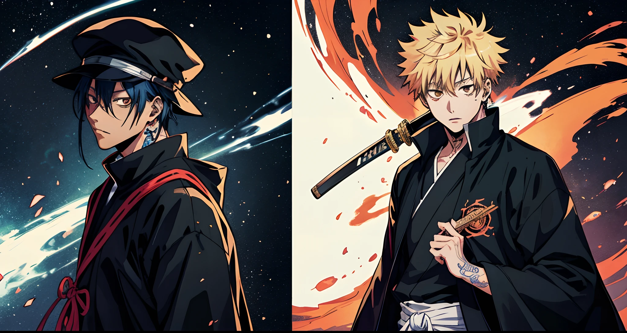 Jujutsu kaisen manga style stroke, black skin, milky way, a black man with a milky way background holding a cursed katana, sukuna's facial tattoo and Satoru Gojo's eyes, anime model, HD.