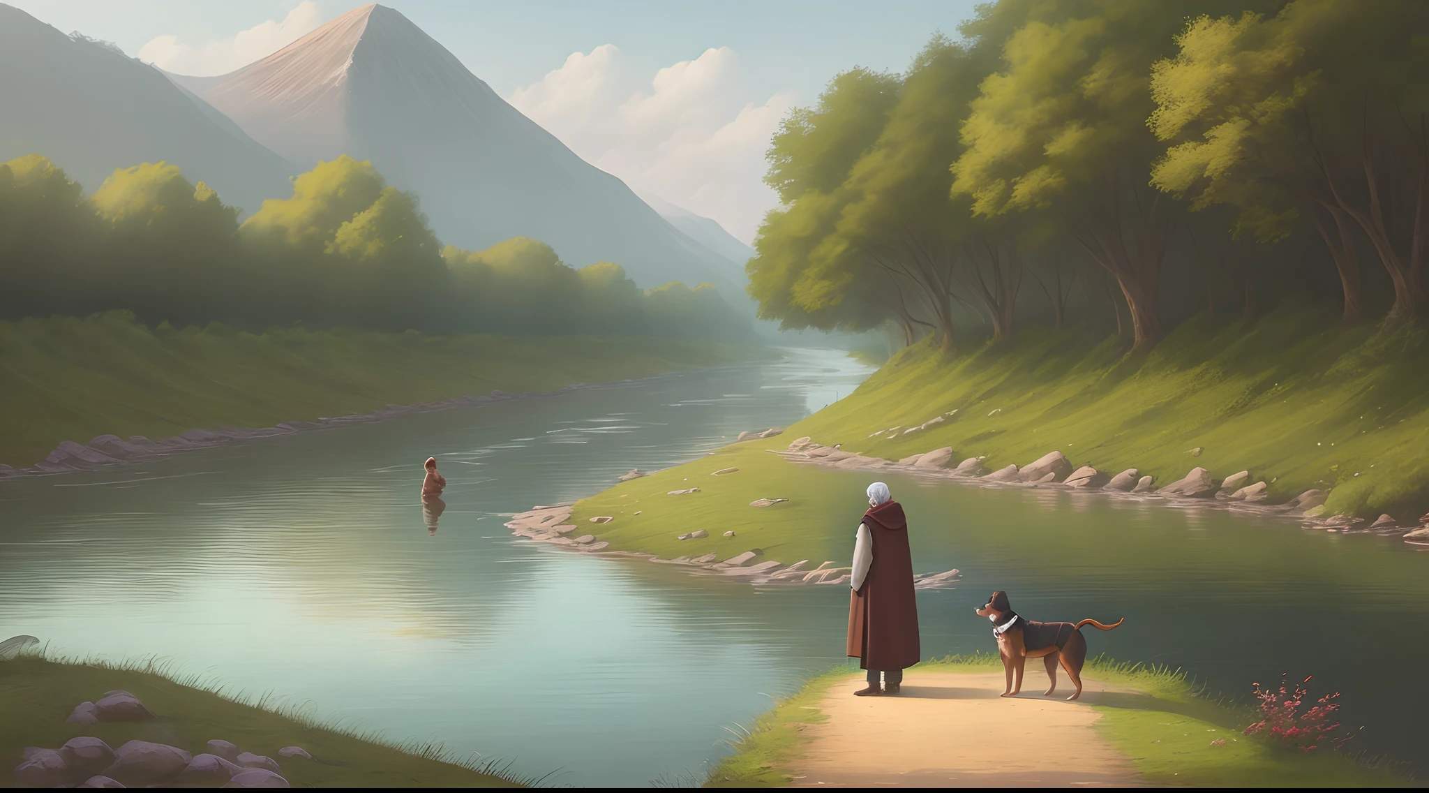 Standing a man river bank with his dog and background in board , board on writing Aaliya word