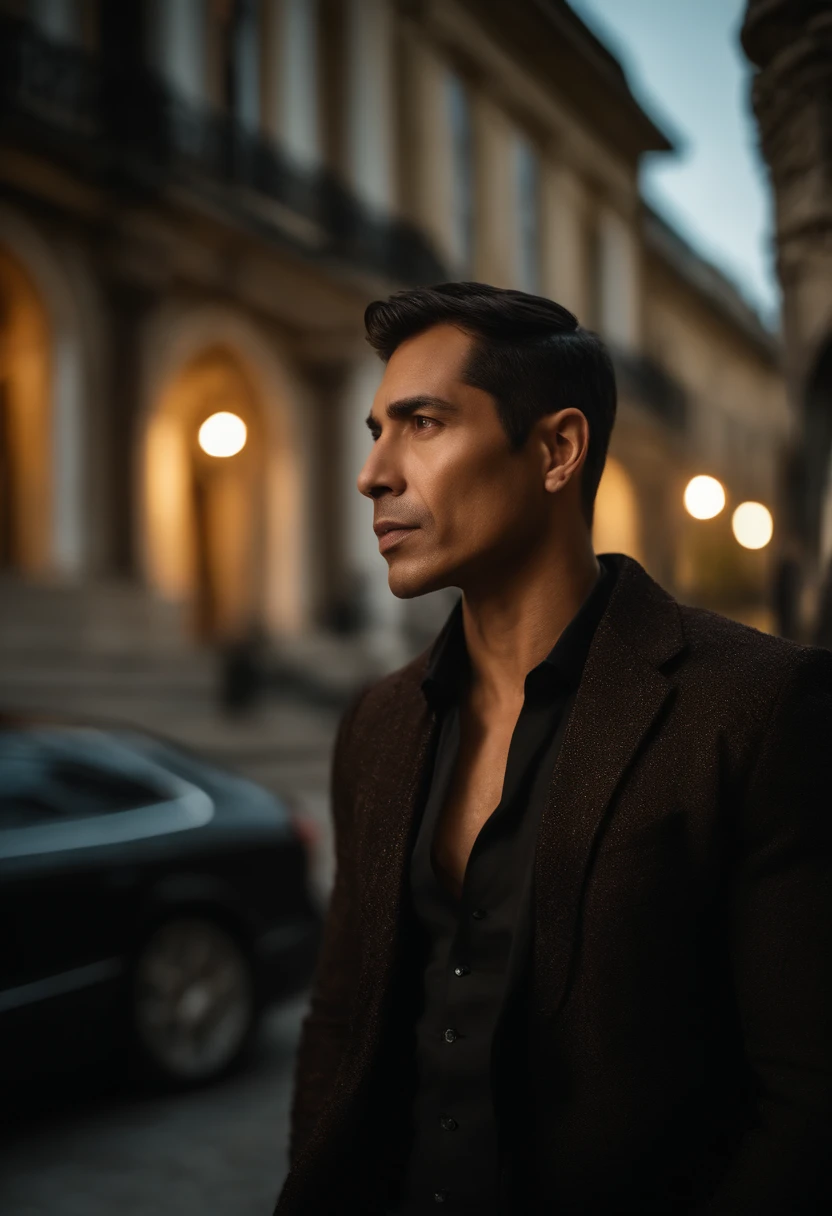 corps entier, wide-angle photo close-up portrait of the body of a Filipino handsome man , Grand et en forme, (40 ans:1.1), (shaven:1.2) , (very short brown hair:1.5),(very short hair:1.6). Dark brown tight velvet suit, (La veste a des motifs de fleurs noires:1.2). (posing outside the mansion with a luxury car:1.1), crowded street with cafes in the distance, Cold and dark sunset at dusk, (Edge Light:1.1),(Concentrez-vous sur les yeux), (angry look), (hard light on the skin:1.2), (ombres dures, dark themed, Contraste profond:1.1), (photographie de portrait par Annie Liebovitz), Dark mint theme and choral aesthetics, (skin imperfections)